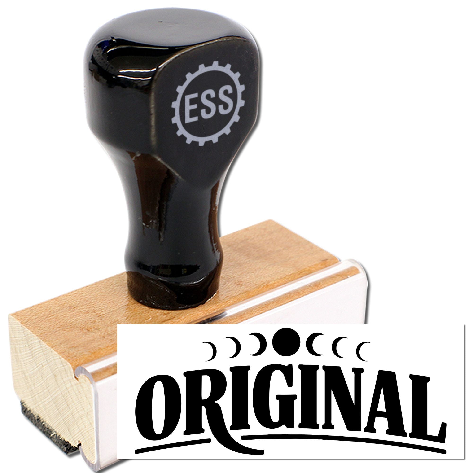 Black ESS rubber stamp on a wooden base, paired with an ORIGINAL seal for stamp and seal products.