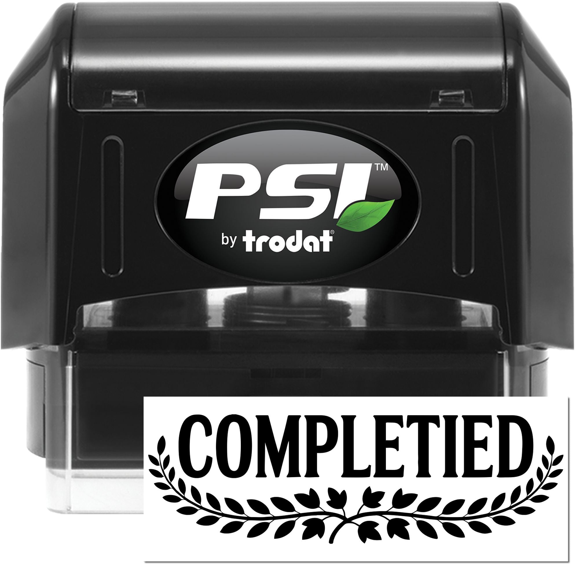 Black PSI by Trodat self-inking stamp and seal in black, with green leaf logo and Completed impression.