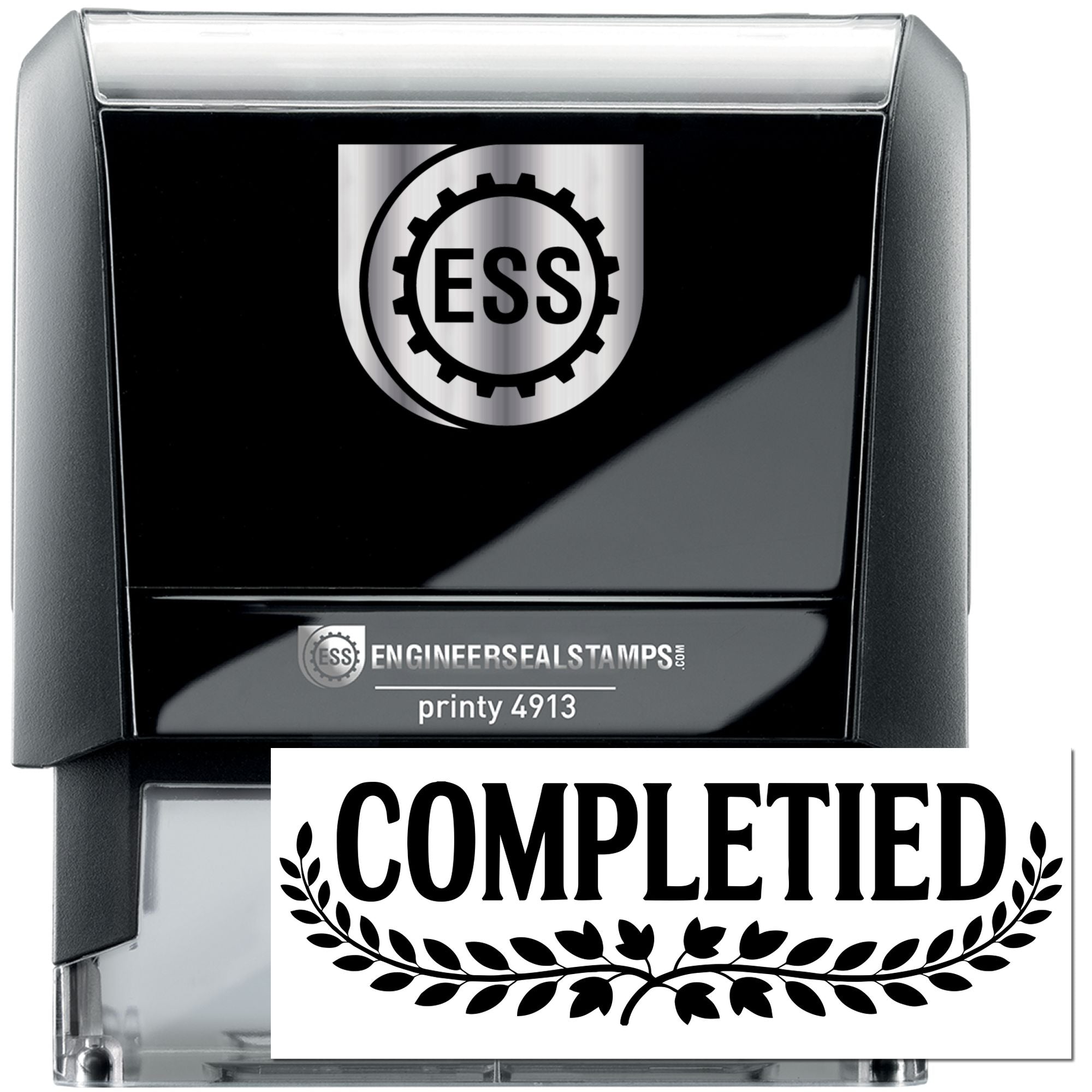Black and silver self-inking stamp and seal with ESS gear logo and bold COMPLETED imprint.