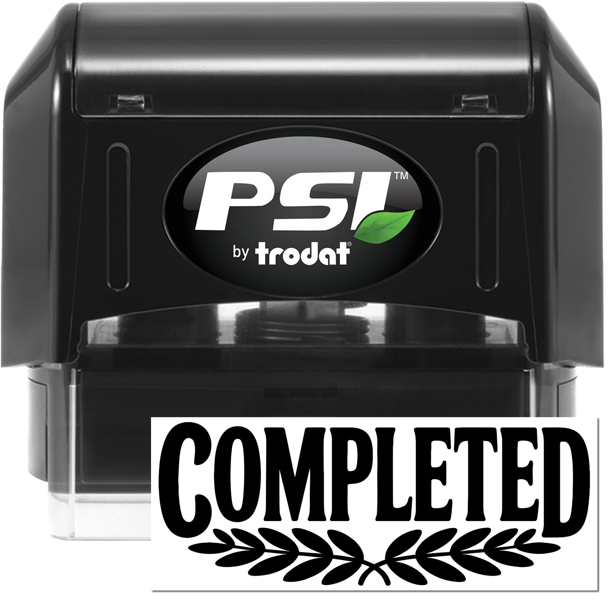 Black PSI by Trodat self-inking stamp, black casing, green leaf logo, with bold COMPLETED seal impression