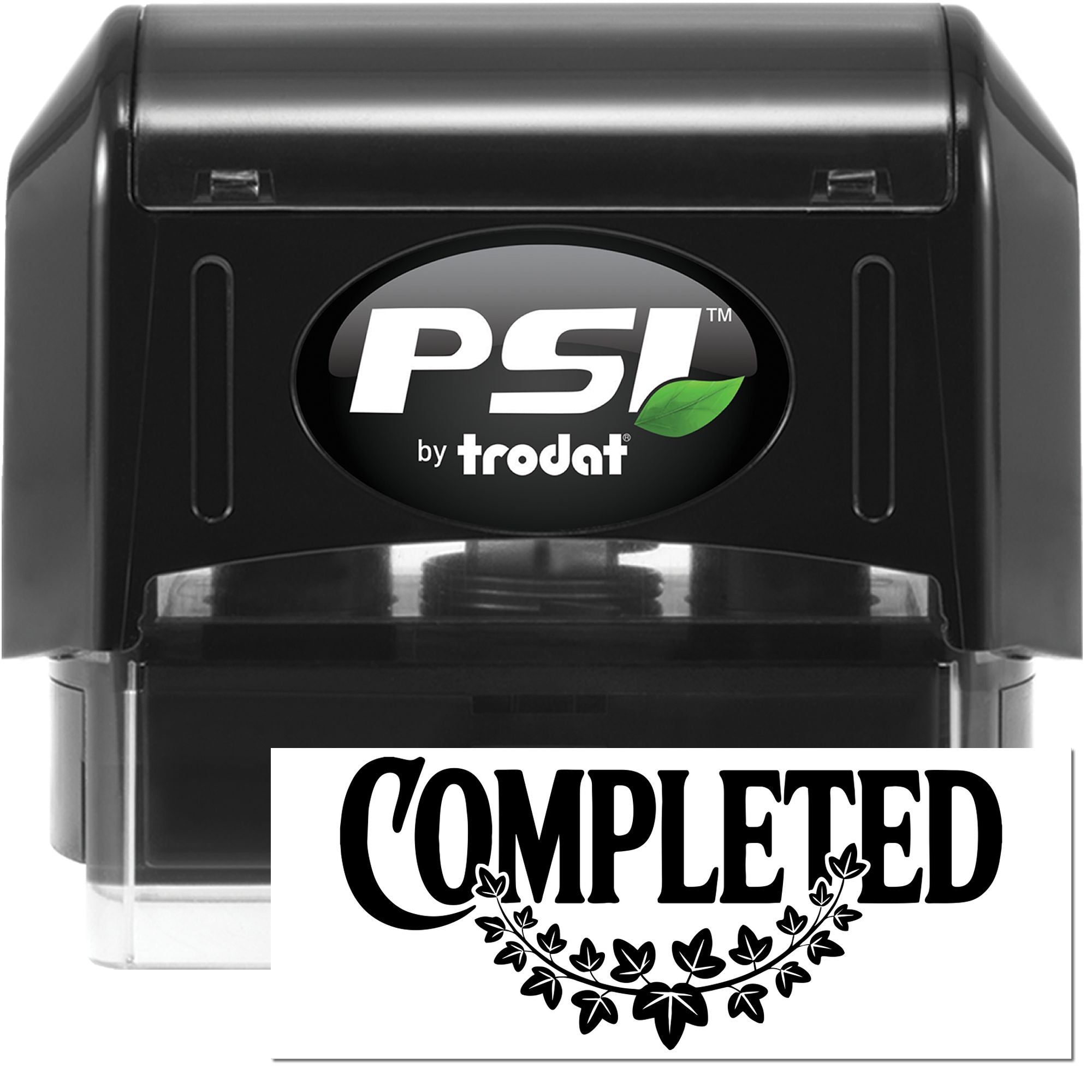Black PSI by Trodat self-inking stamp with green leaf logo and a white completed seal impression card