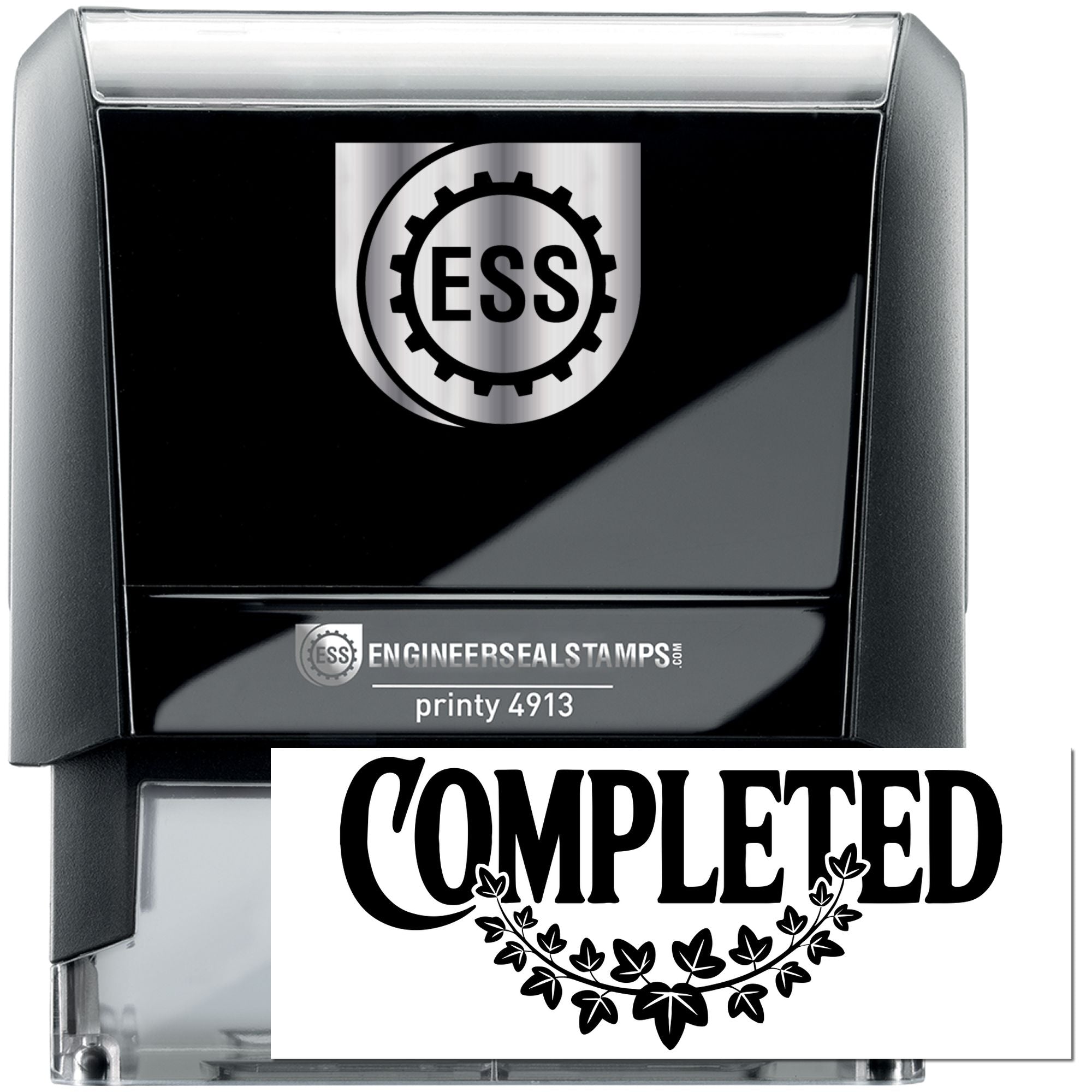 Black ESS engineer seal self-inking stamp and completed embossed seal with silver accents