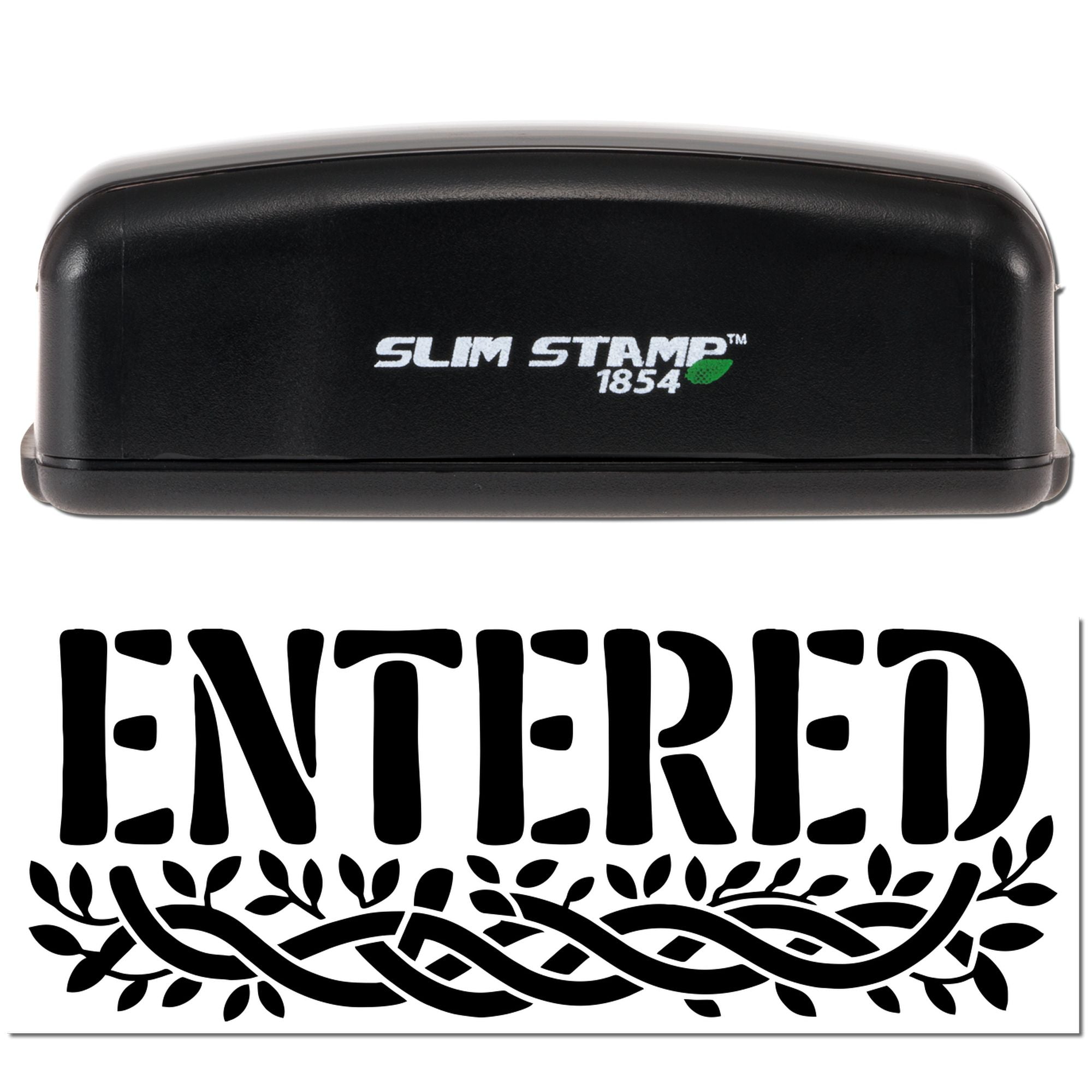 Black Slim Stamp 1854 embosser with white logo and an ornate black ENTERED seal impression