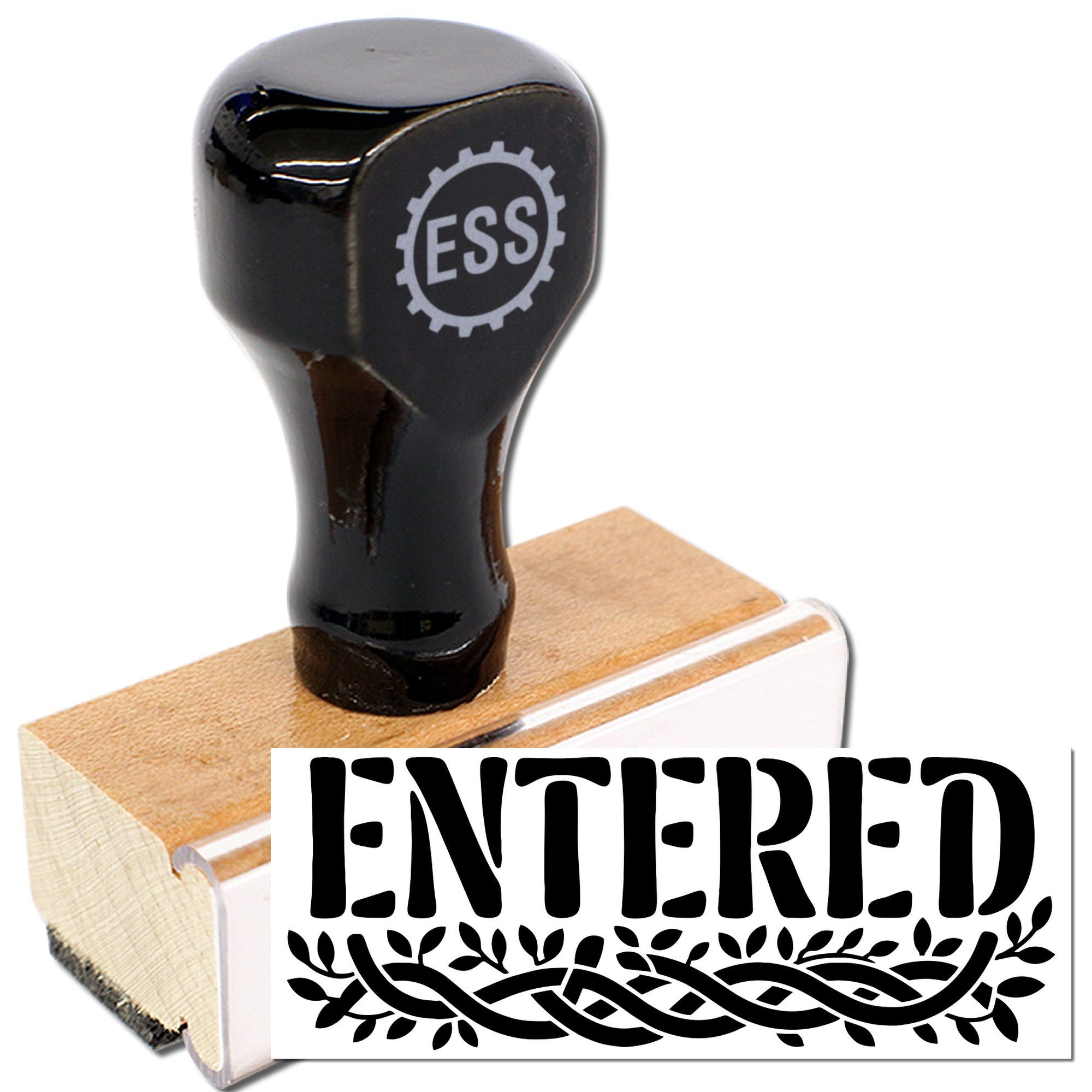 Black ESS rubber stamp seal on wooden handle, printing bold ENTERED with decorative vine design