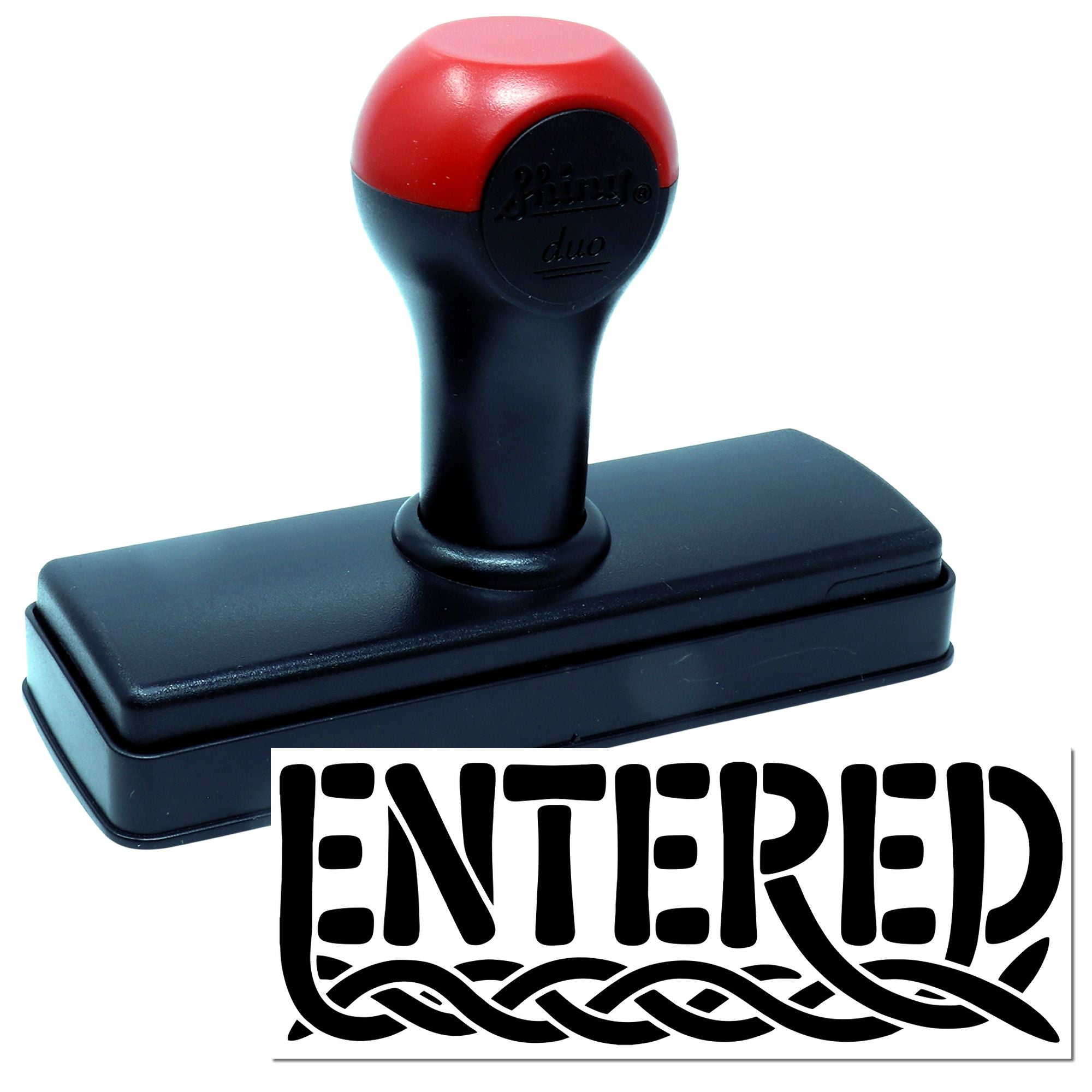 Red and black self-inking entered stamp and seal with rectangular base and bold ENTERED imprint.