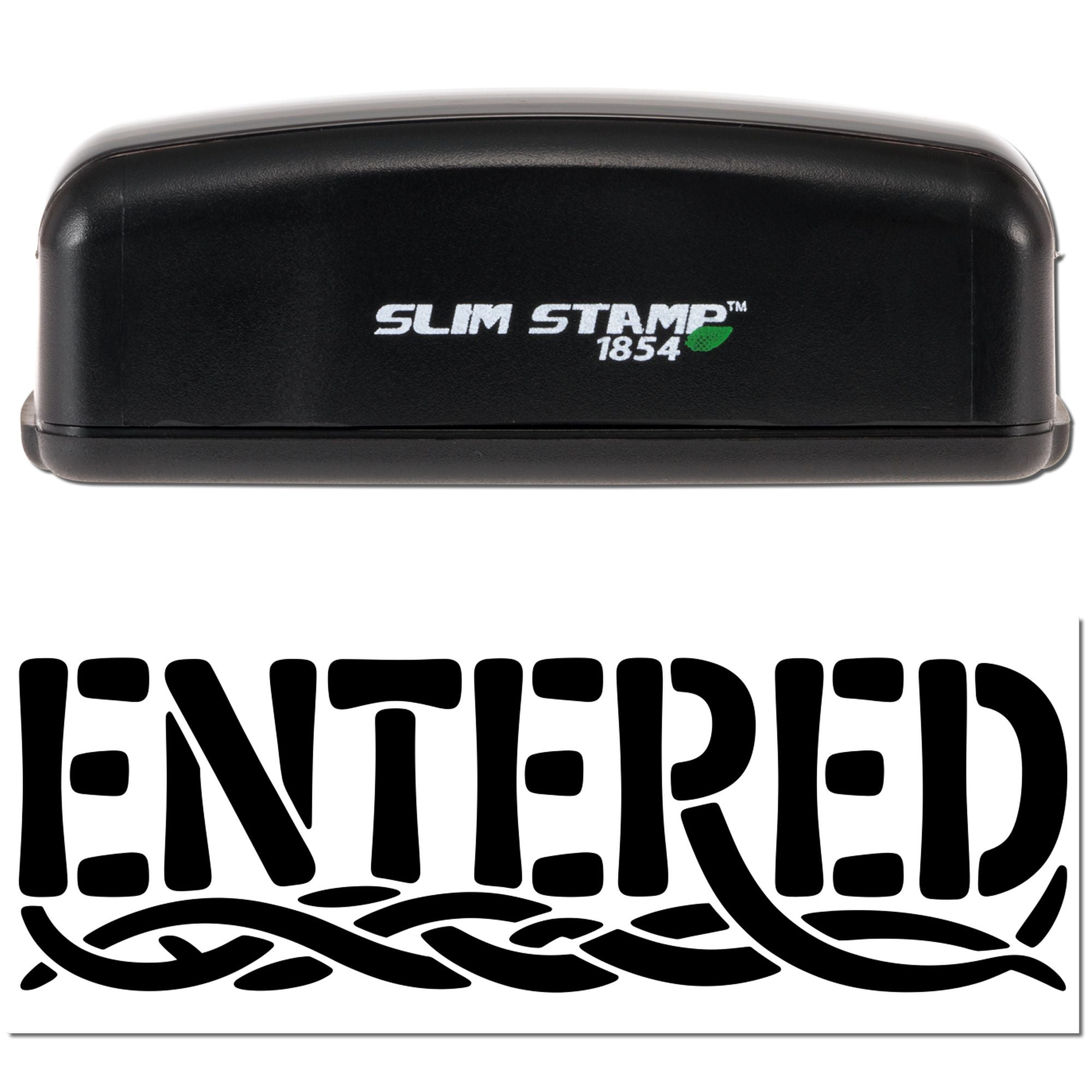 Black Slim Stamp 1854 stamp and ENTERED seal design in black on a white background.