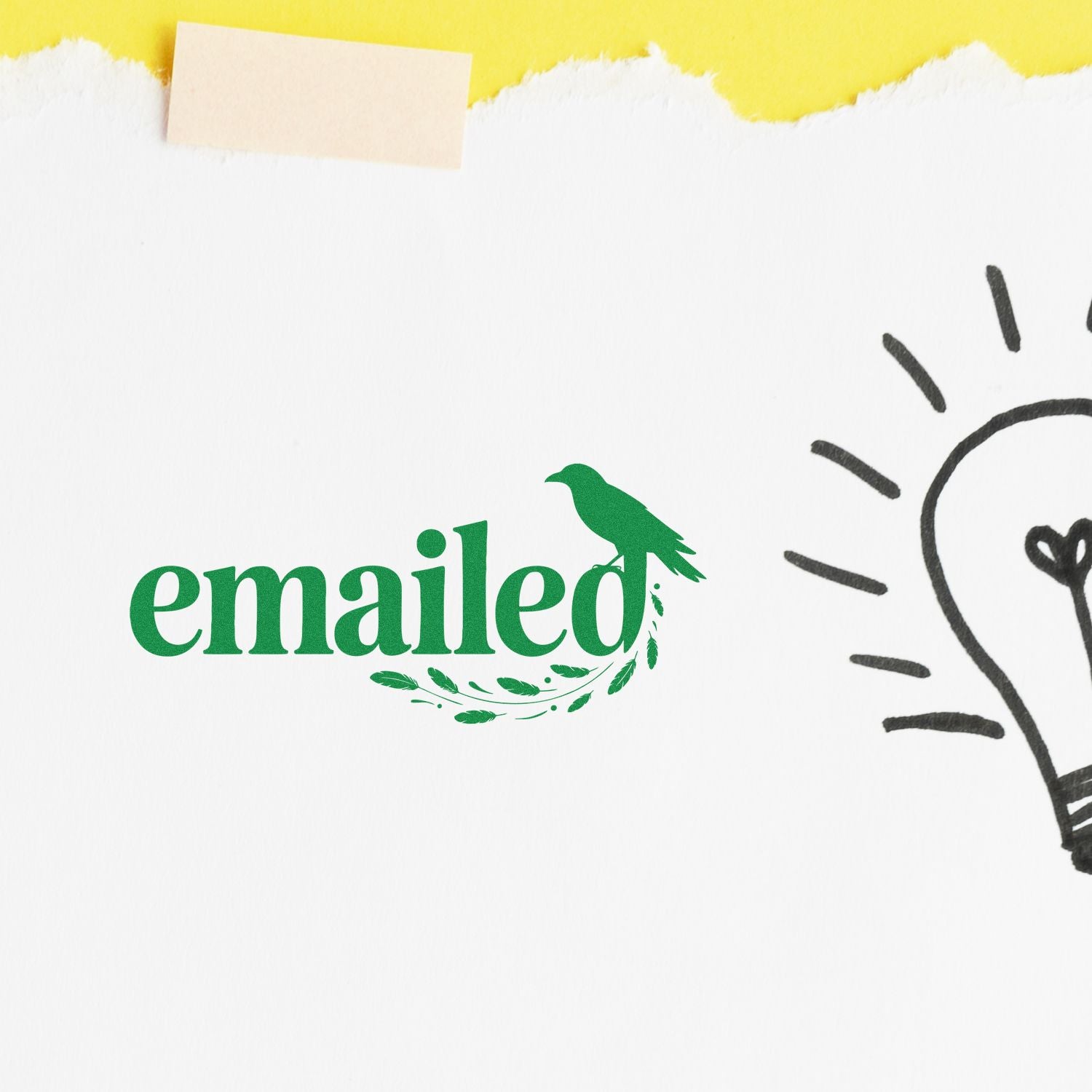 Green emailed stamp with bird-and-leaf seal on white paper, yellow torn edge, and partial black lightbulb doodle.