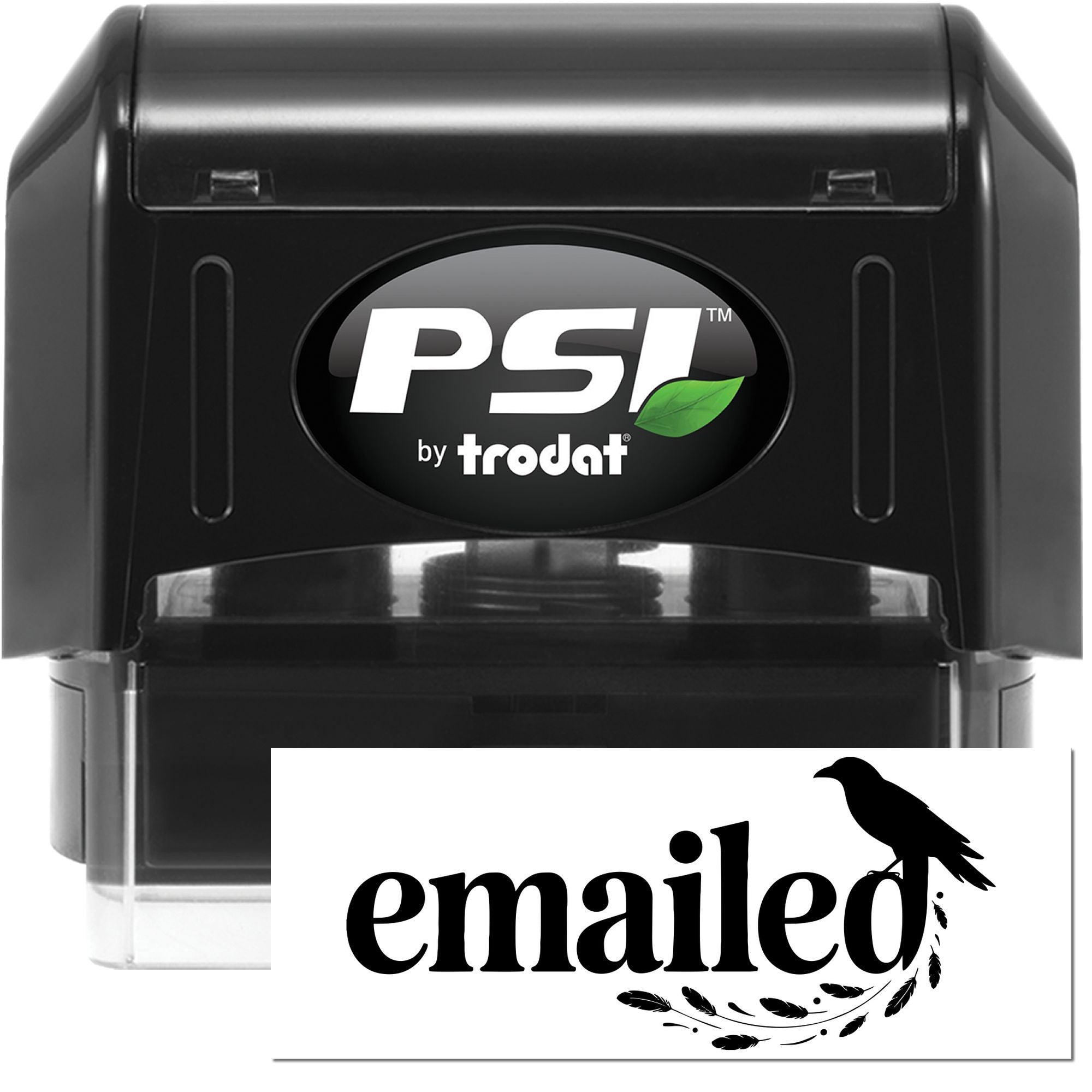 Black PSI by Trodat self-inking stamp and white emailed seal card with bird design, black and green accents.