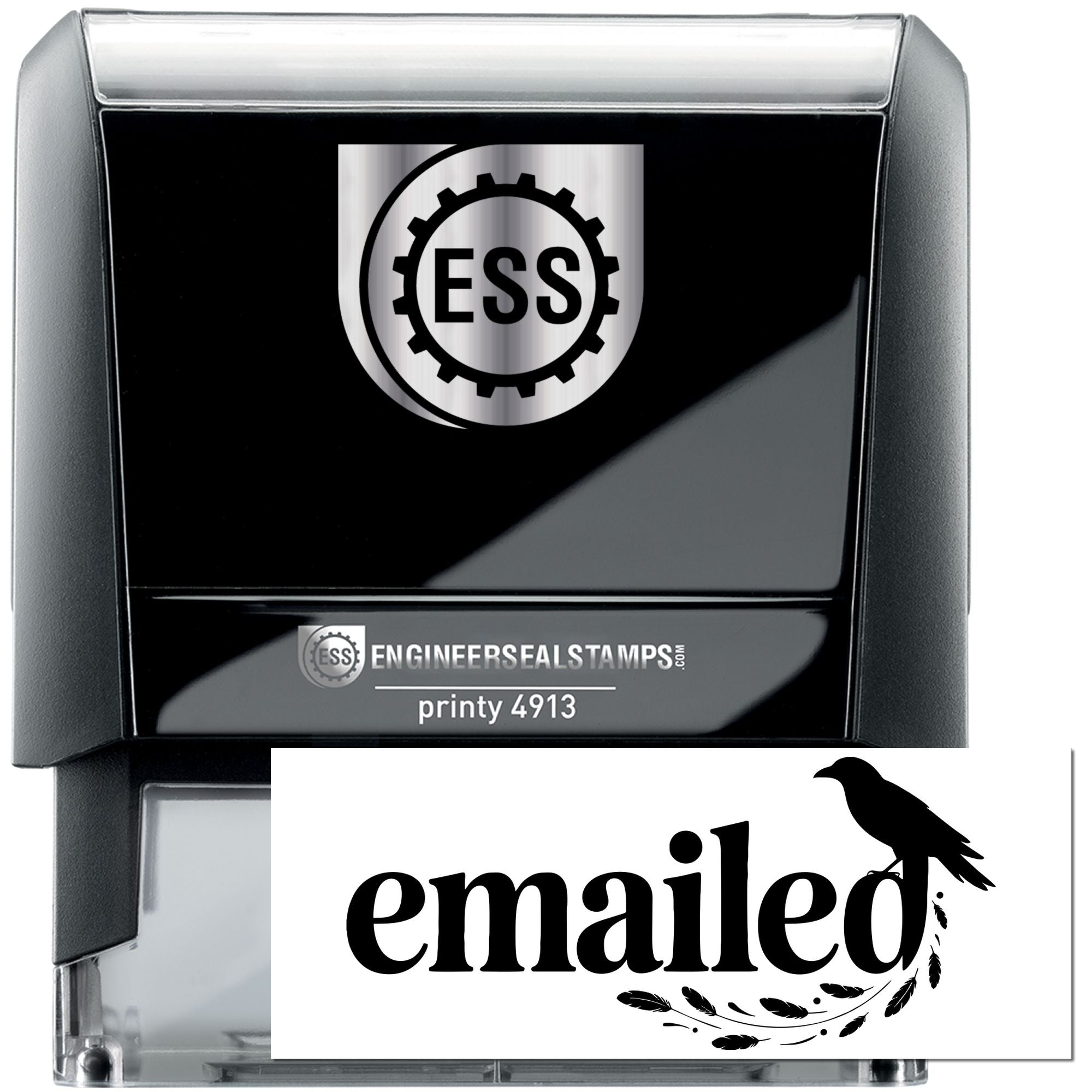 Black self-inking engineer seal stamp in black and silver with ESS logo, clear case, and emailed imprint.