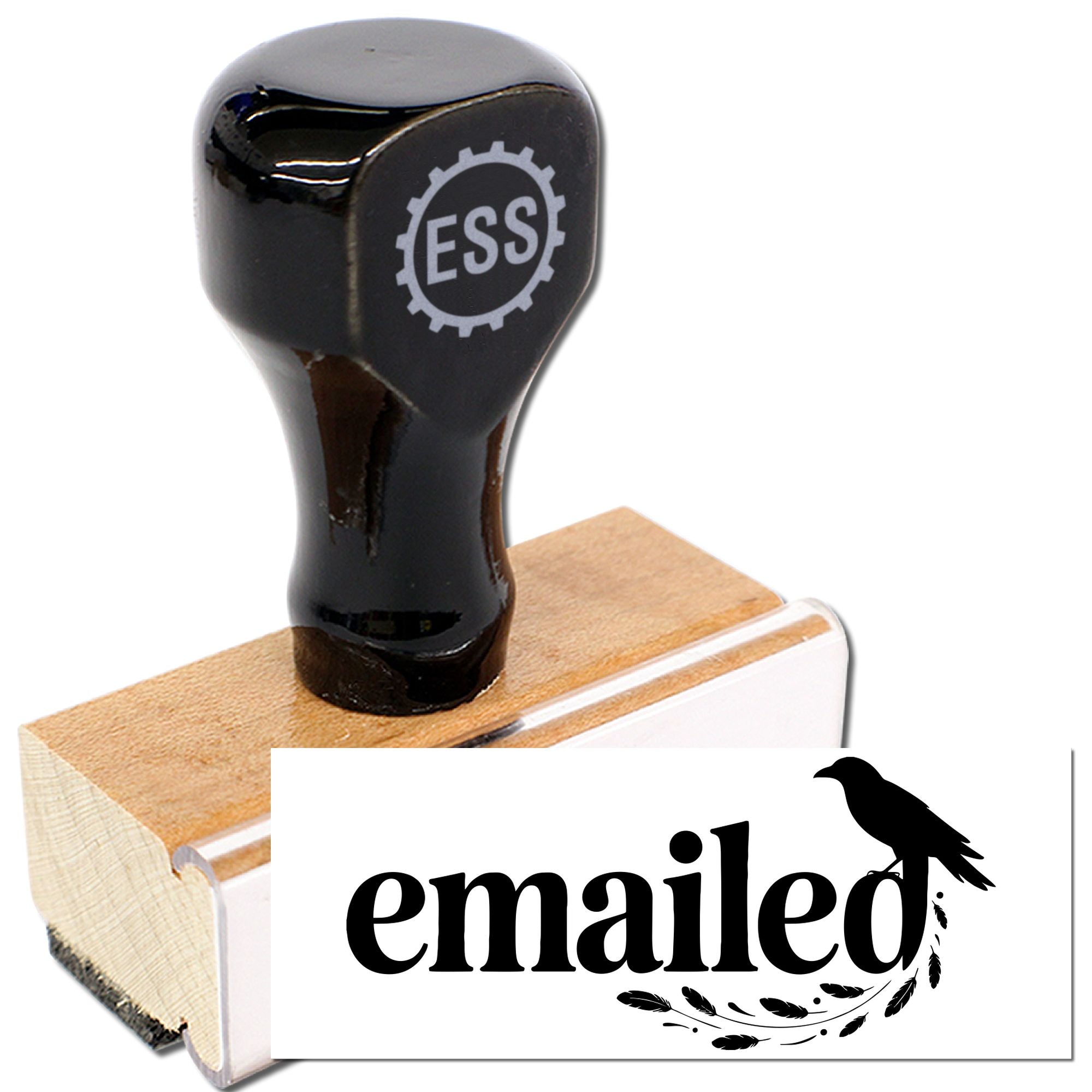 Black custom stamp and seal with ESS handle on wood block, printing emailed in bold black on white.