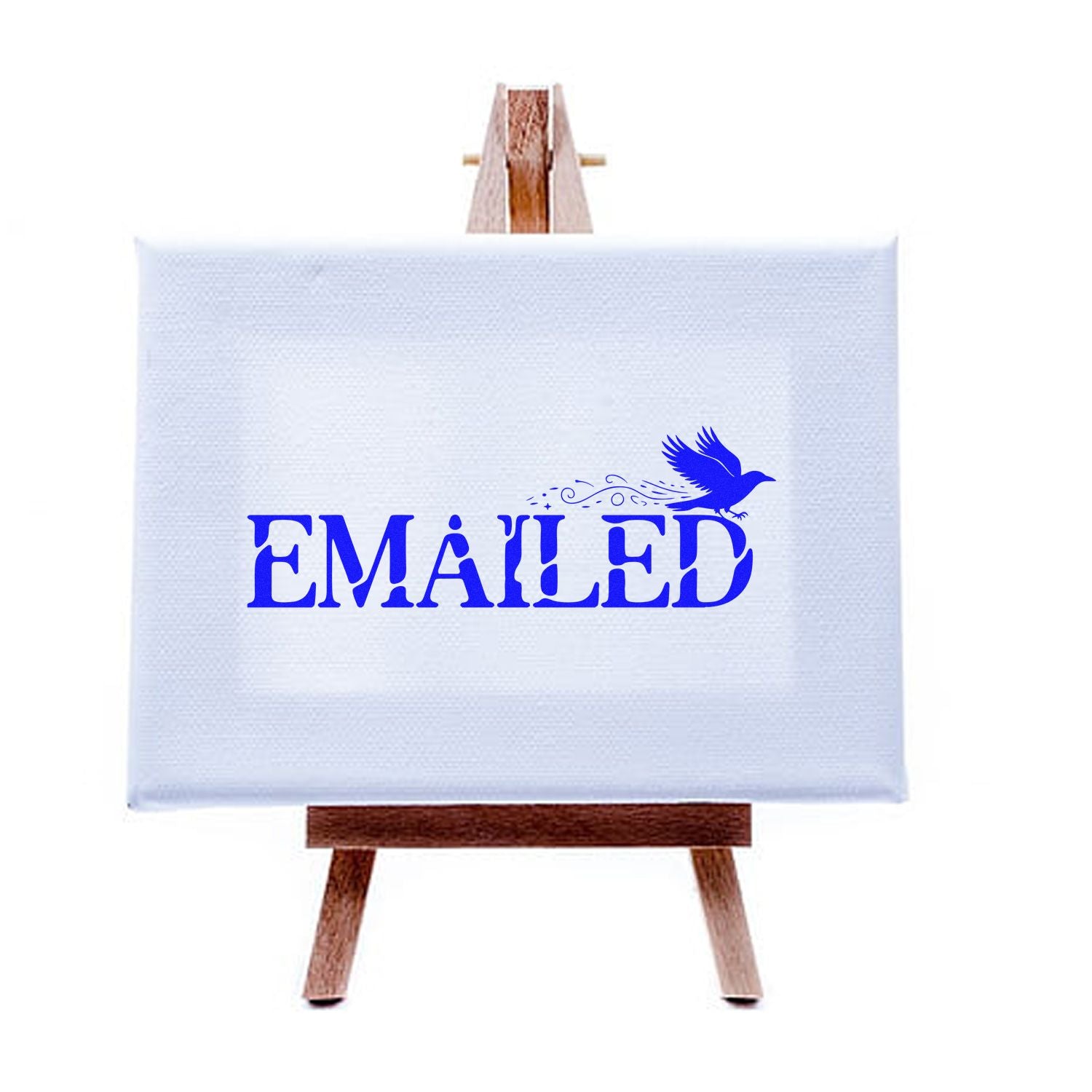 Blue EMÁILED stamp and seal logo with bird on white canvas, displayed on a wooden easel.