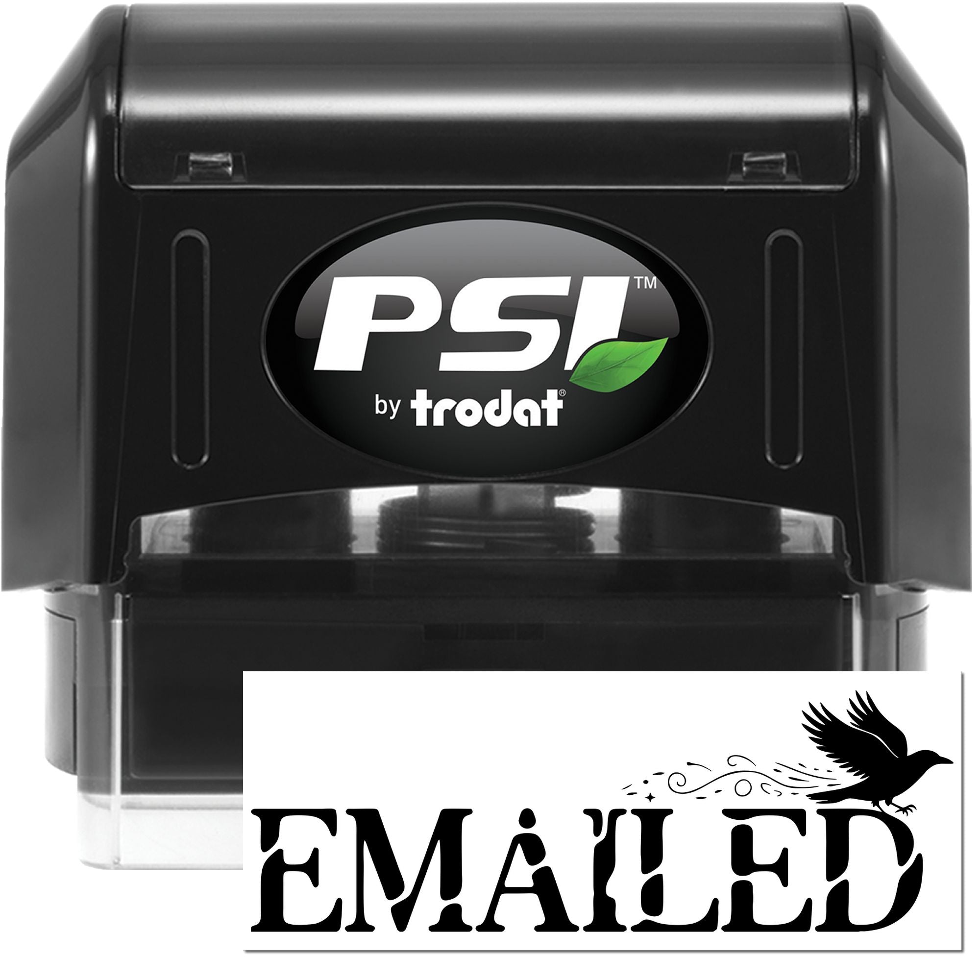 Black PSI by Trodat self-inking stamp with green leaf logo and EMAILED seal imprint.