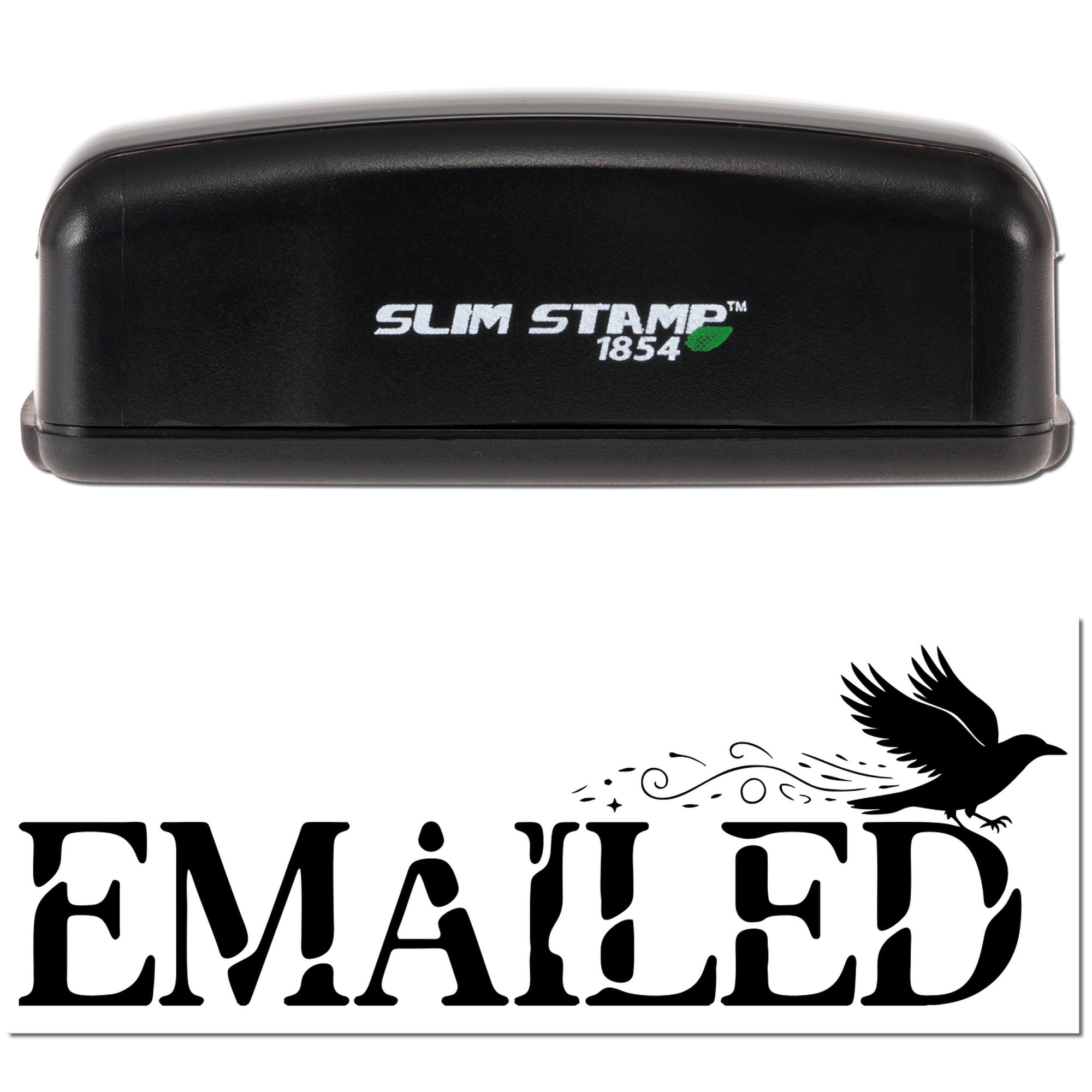 Black Slim Stamp 1854 self-inking stamp with green leaf logo and EMAILED impression with flying bird.