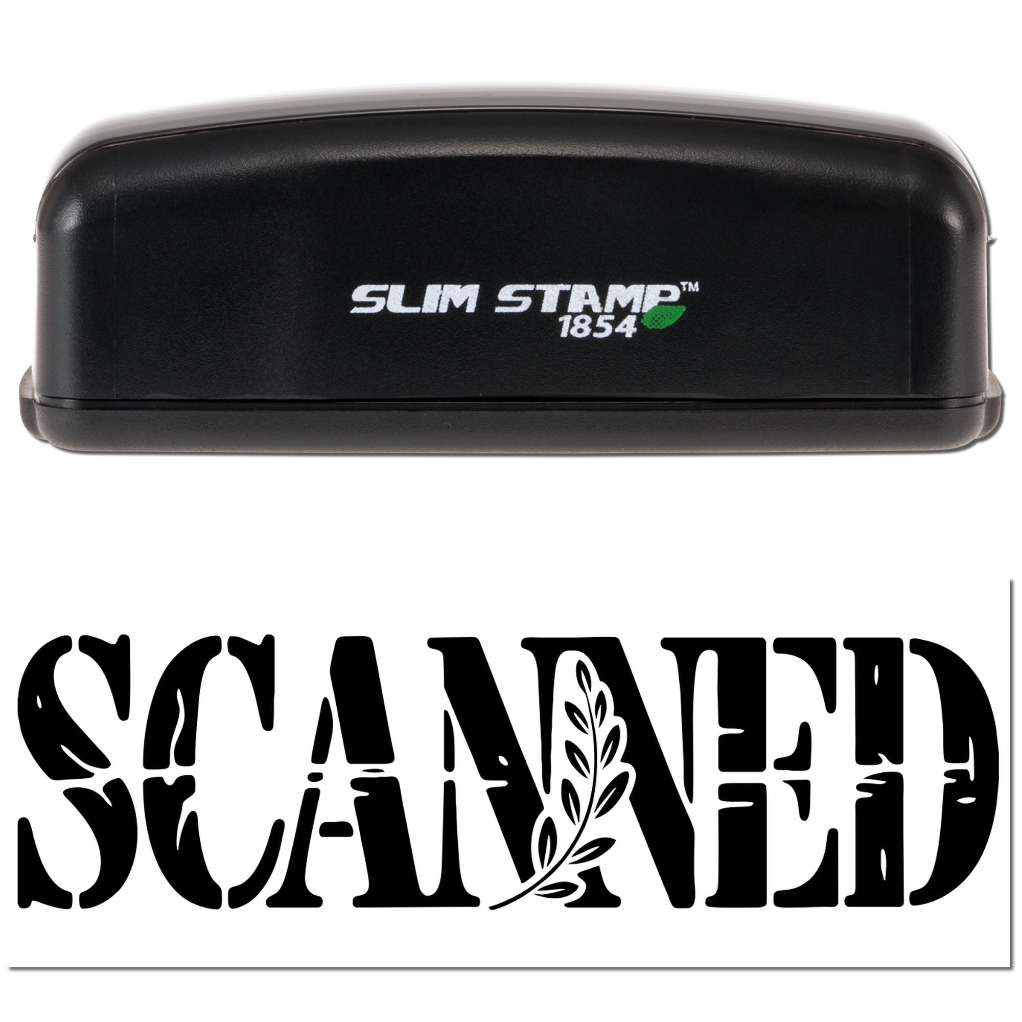 Black Slim Stamp 1854 stamp and seal with bold SCANNED impression and leaf design on white background.