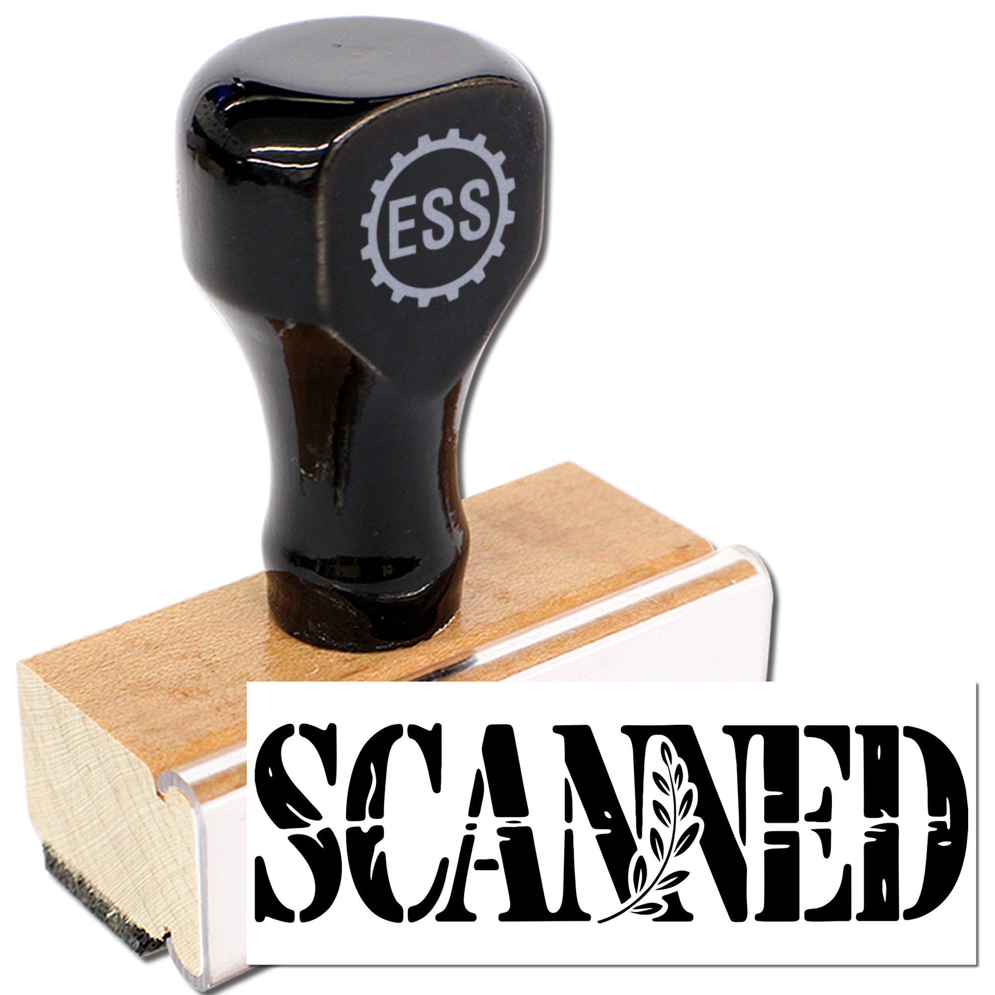 Black wooden rubber stamp with ESS handle logo and bold SCANNED seal imprint on white background.