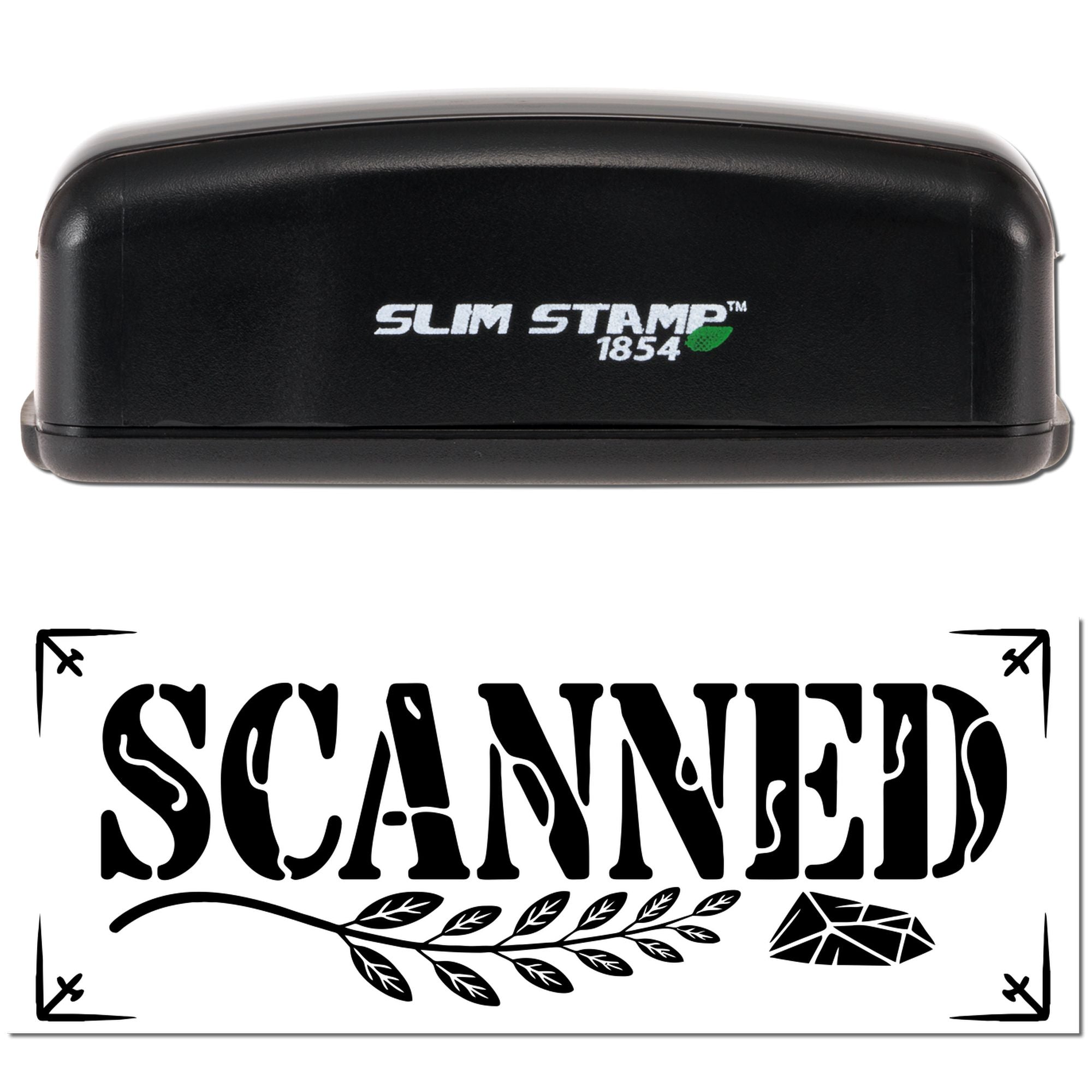 Black Slim Stamp 1854 stamp with green leaf logo above a black-and-white SCANNED seal design with leaf and diamond accents.