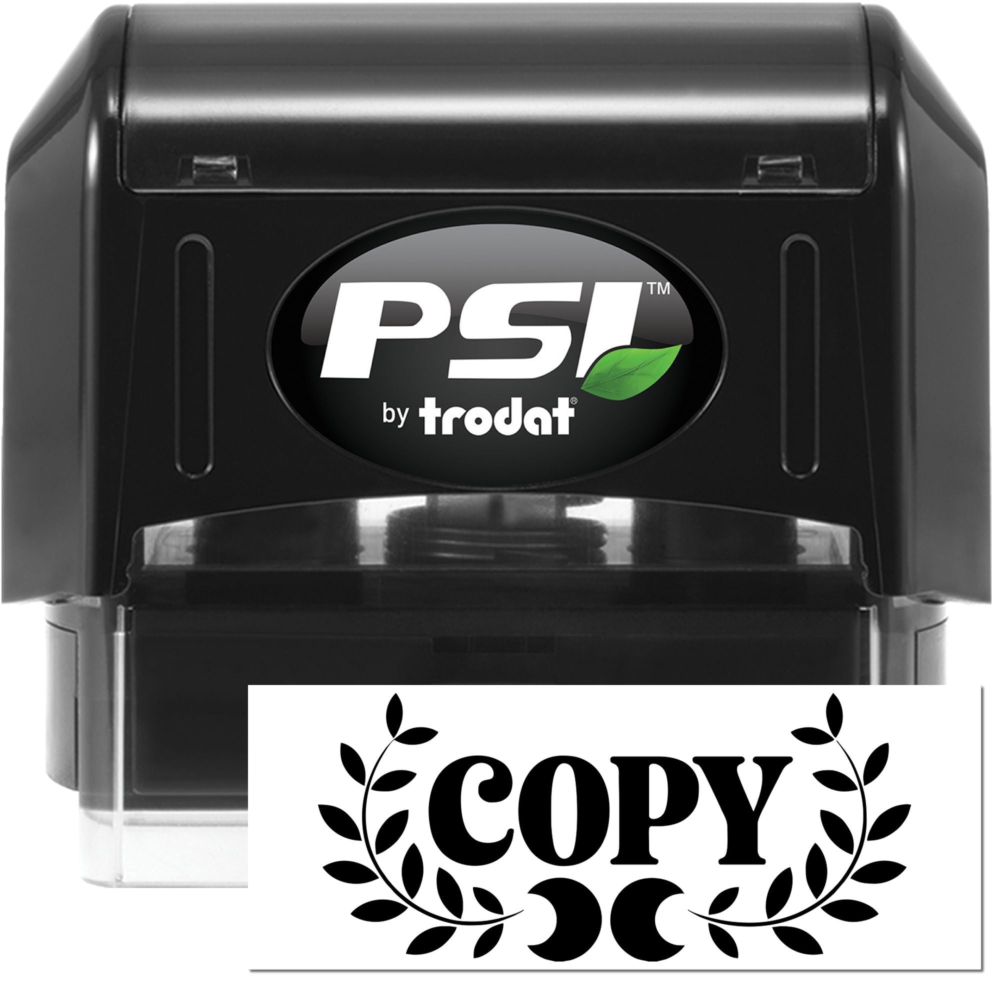 Black PSI by Trodat self-inking stamp with green leaf logo and a black COPY seal impression on white.