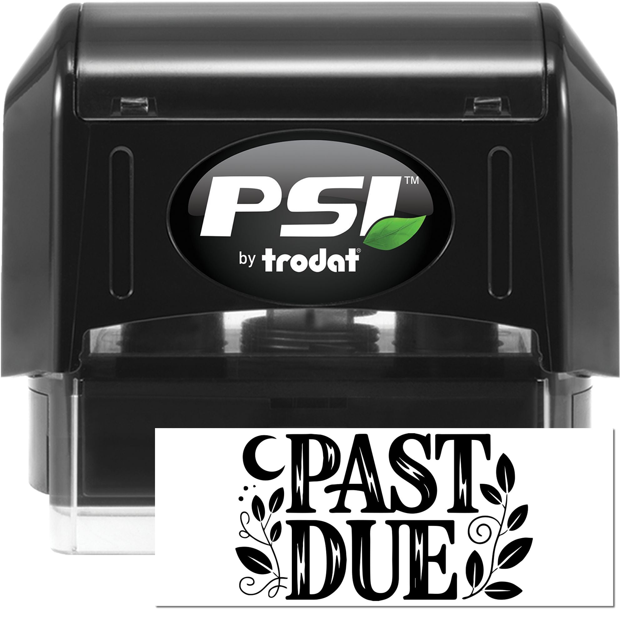 Black PSI by Trodat self-inking stamp with bold PAST DUE seal impression, black casing, and white background.