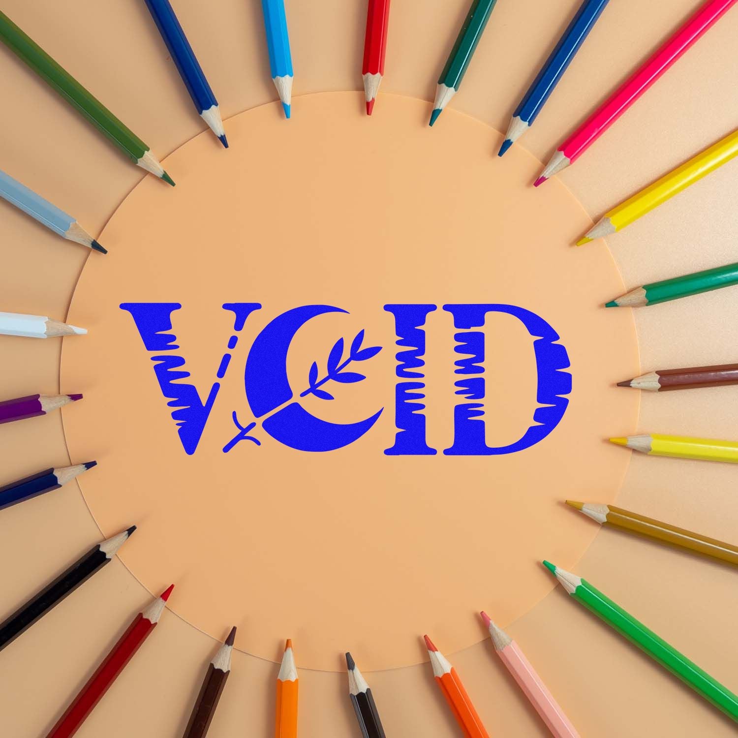 Peach stamp seal with bold blue VOCID logo, leaf motif, and colorful pencils arranged around it.