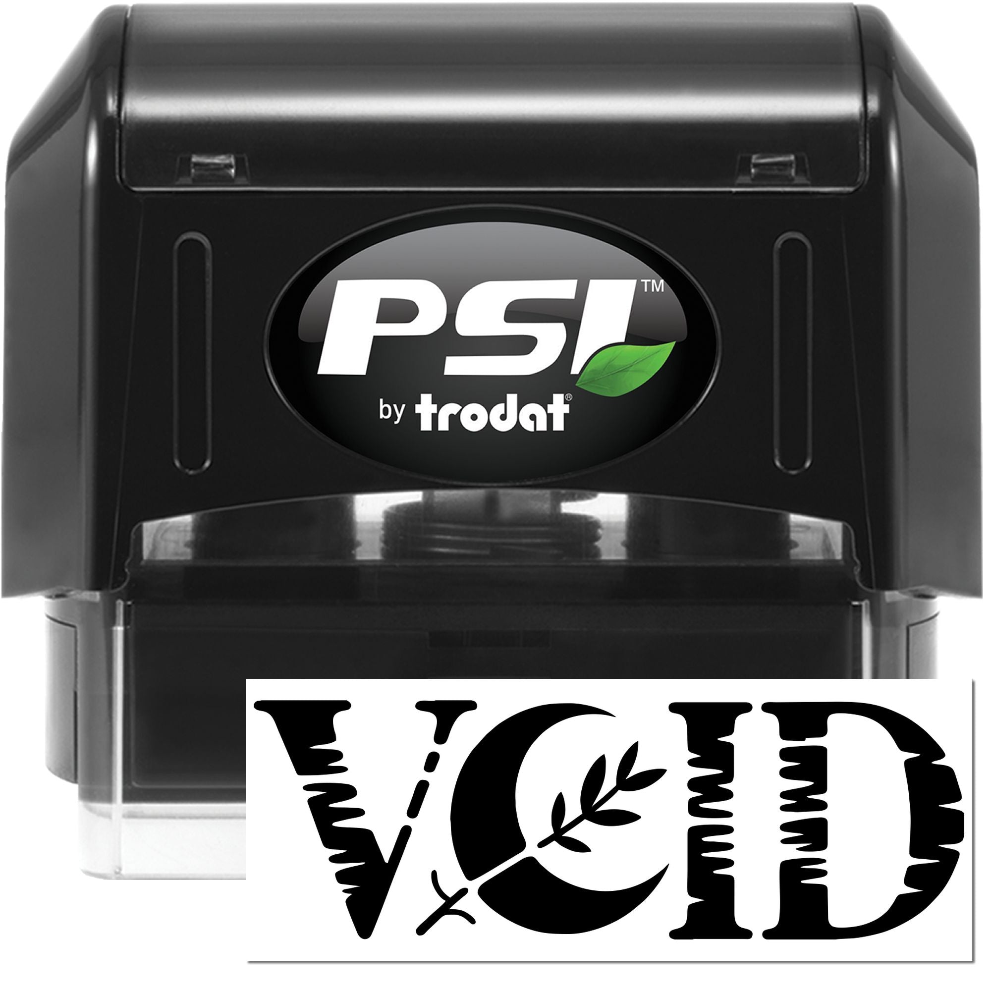 Black PSI by Trodat self-inking stamp and seal with VCD logo, green leaf accent, and clear stamp case.