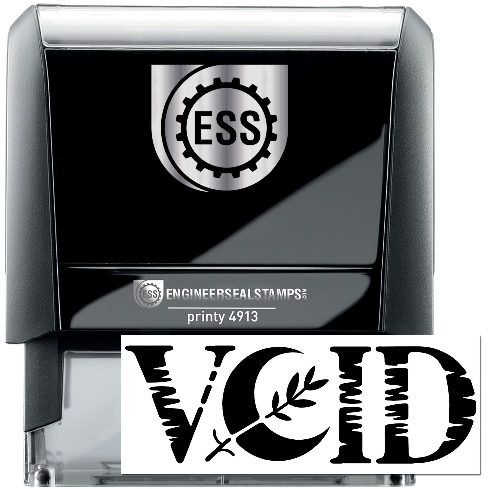 Black and silver EngineerSealStamps self-inking stamp with ESS logo and bold VOID security seal
