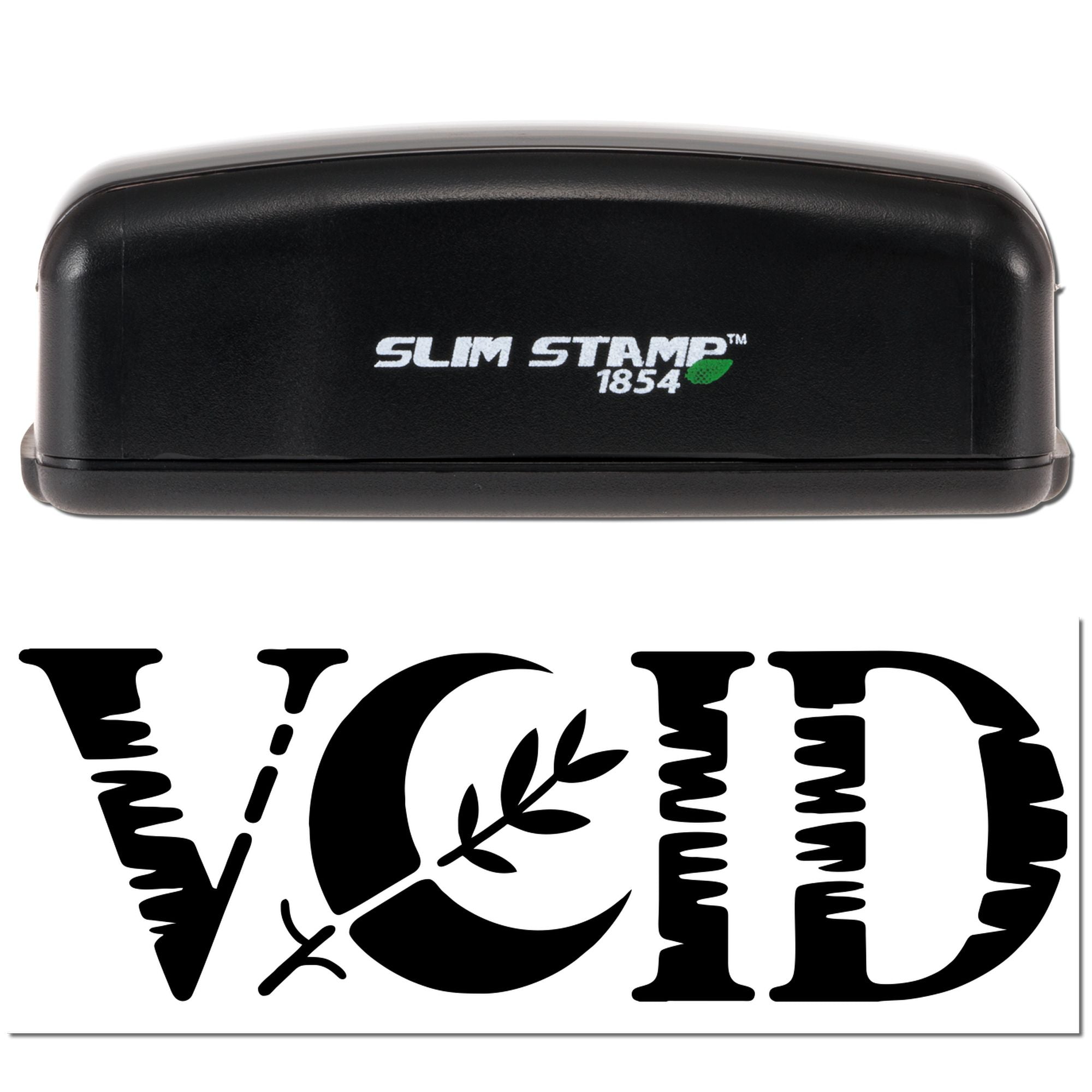 Black Slim Stamp 1854 self-inking stamp with white and green logo above a black VCD seal design on white background