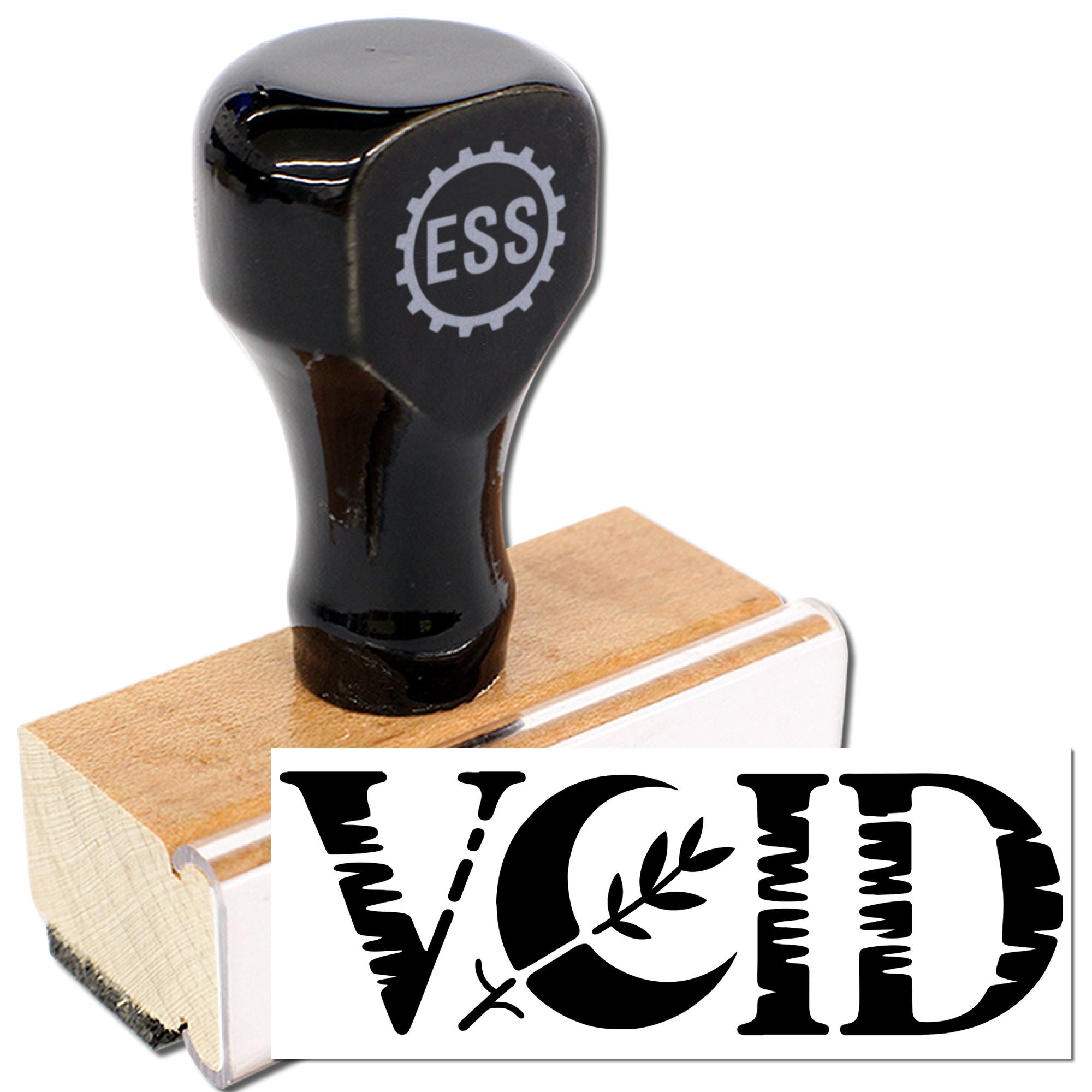 Black rubber stamp with ESS logo on wooden block, showing bold VOID seal imprint in black.