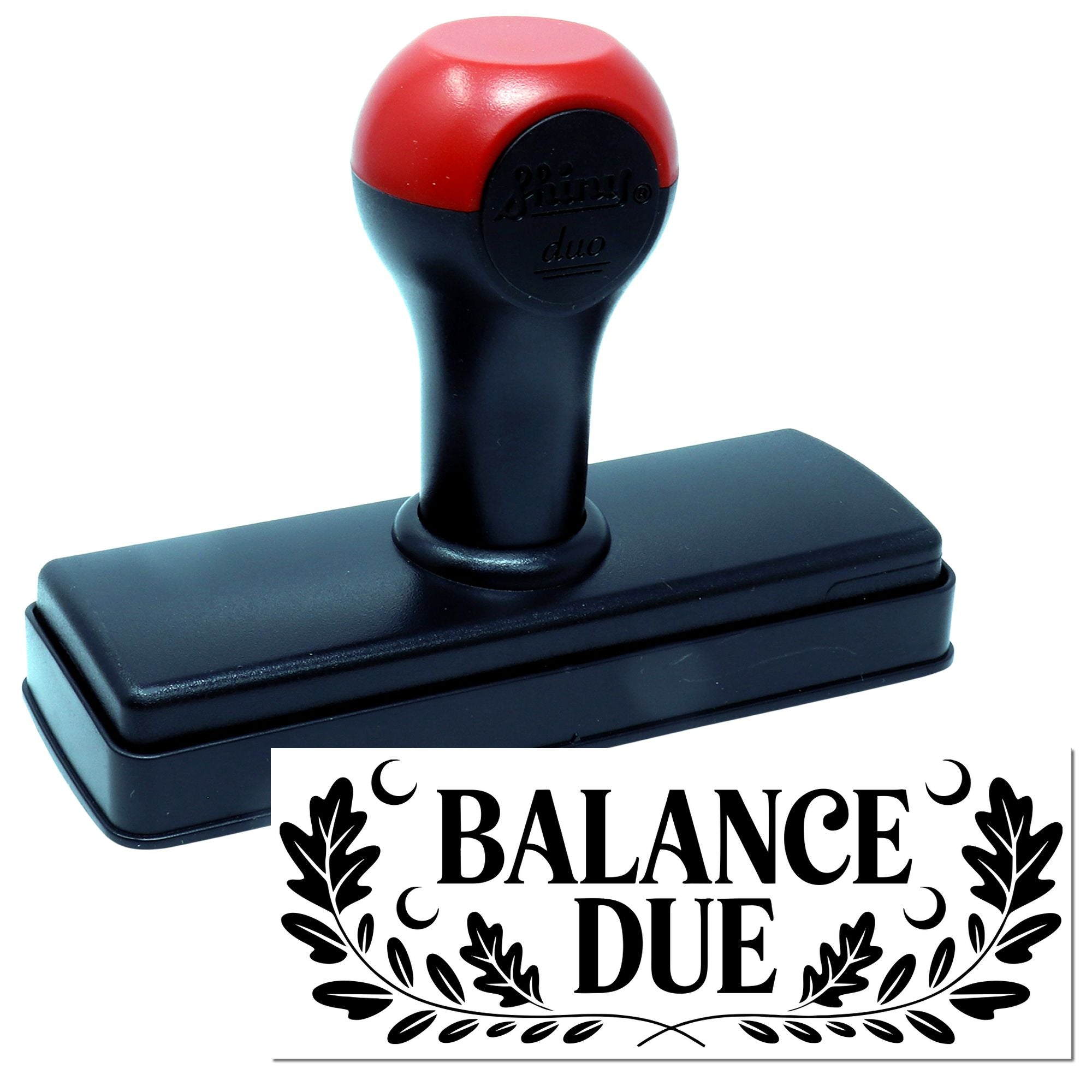 Red and black self-inking stamp with rectangular base and Balance Due seal imprint