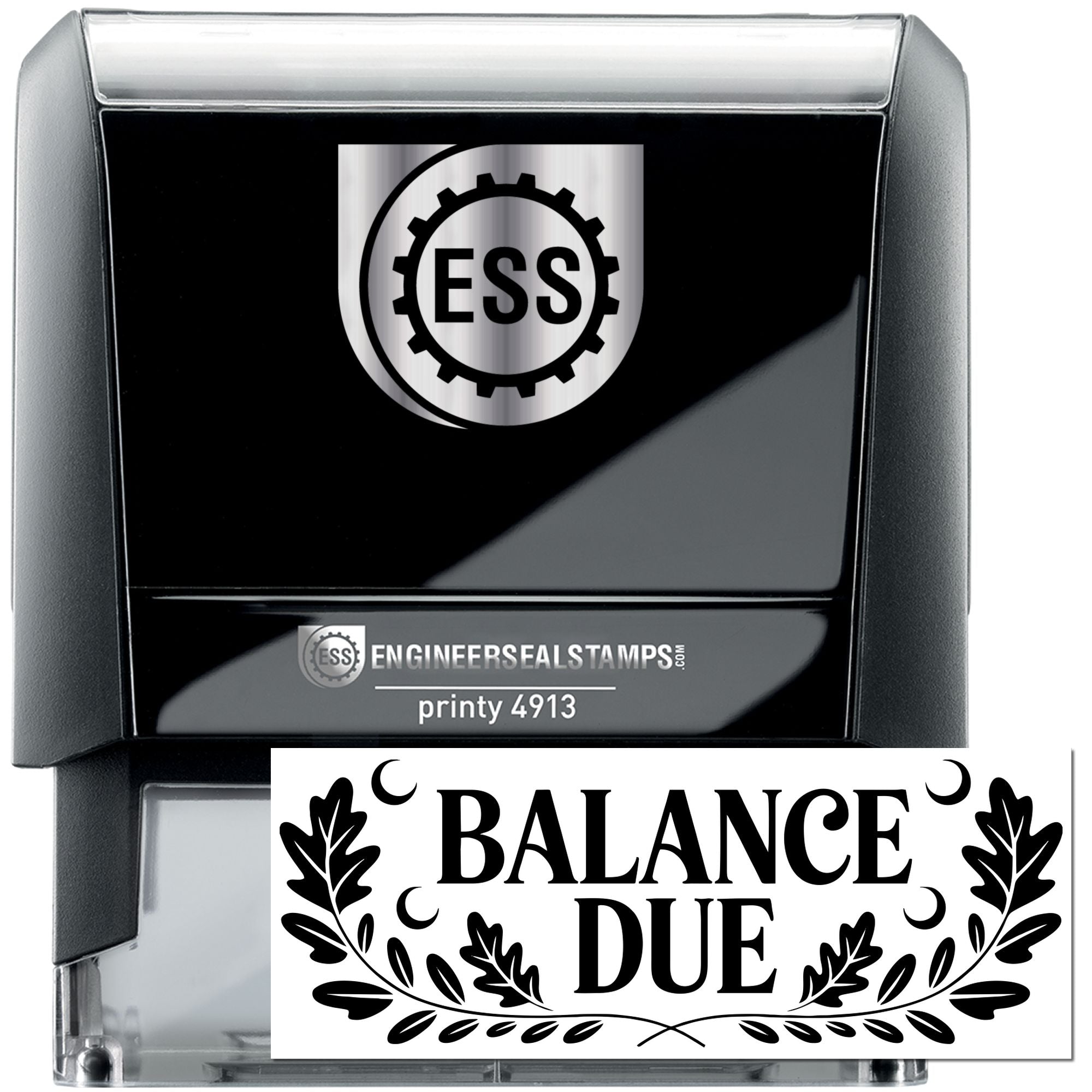 Black and silver stamp and seal set with ESS logo, plus white Balance Due seal in bold black lettering.