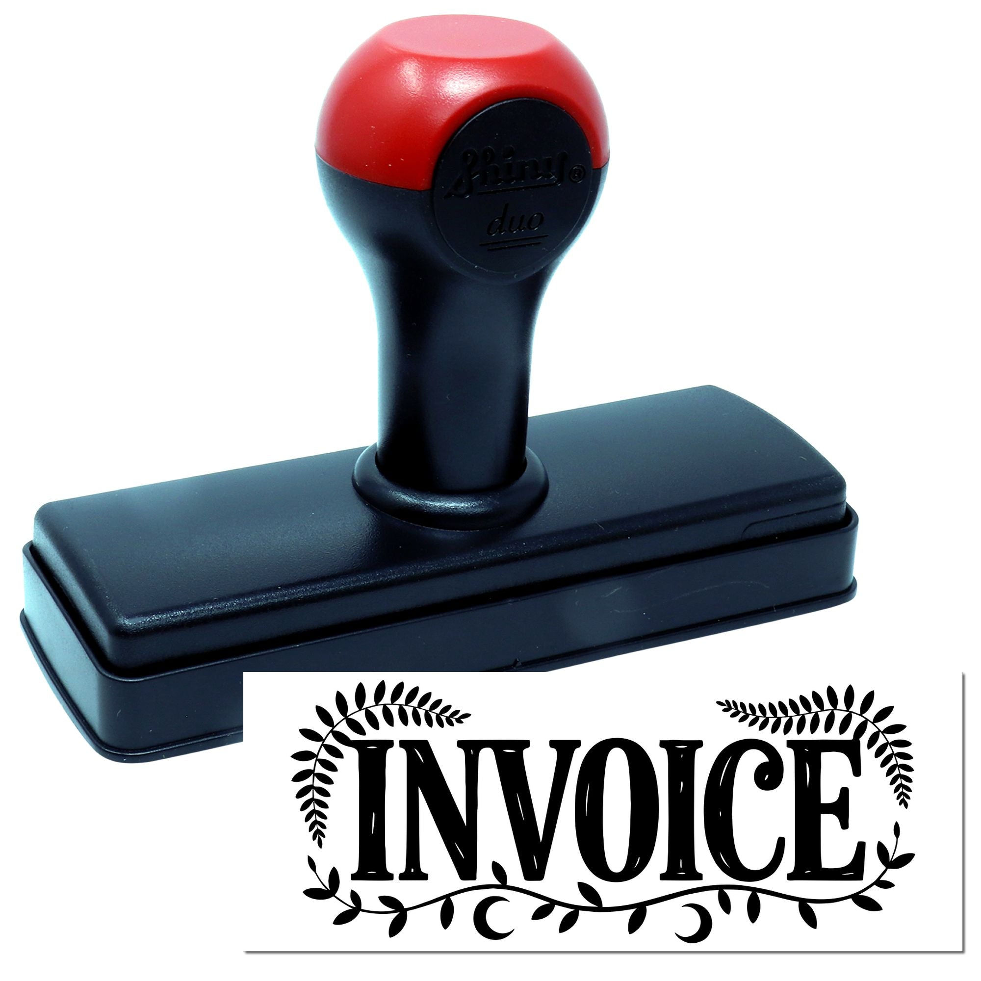 Red and black self-inking stamp with invoice seal, showing bold black INVOICE design on white background.