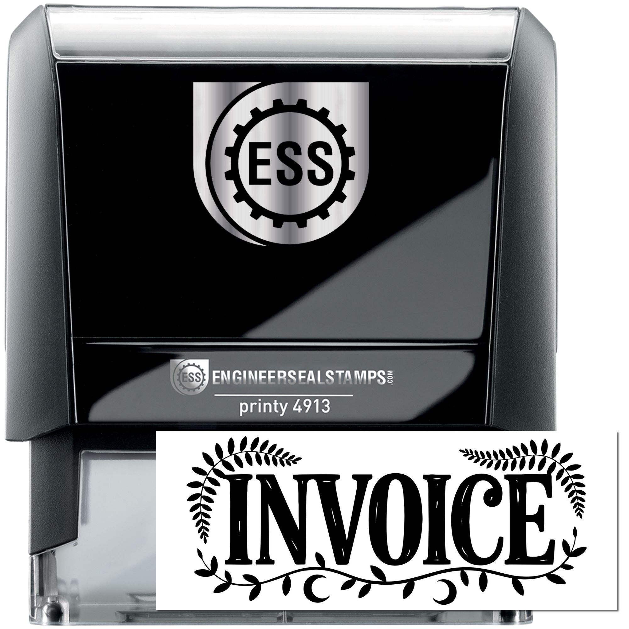 Black and silver self-inking engineer seal stamp with ESS logo, invoice imprint, and Printy 4913 label