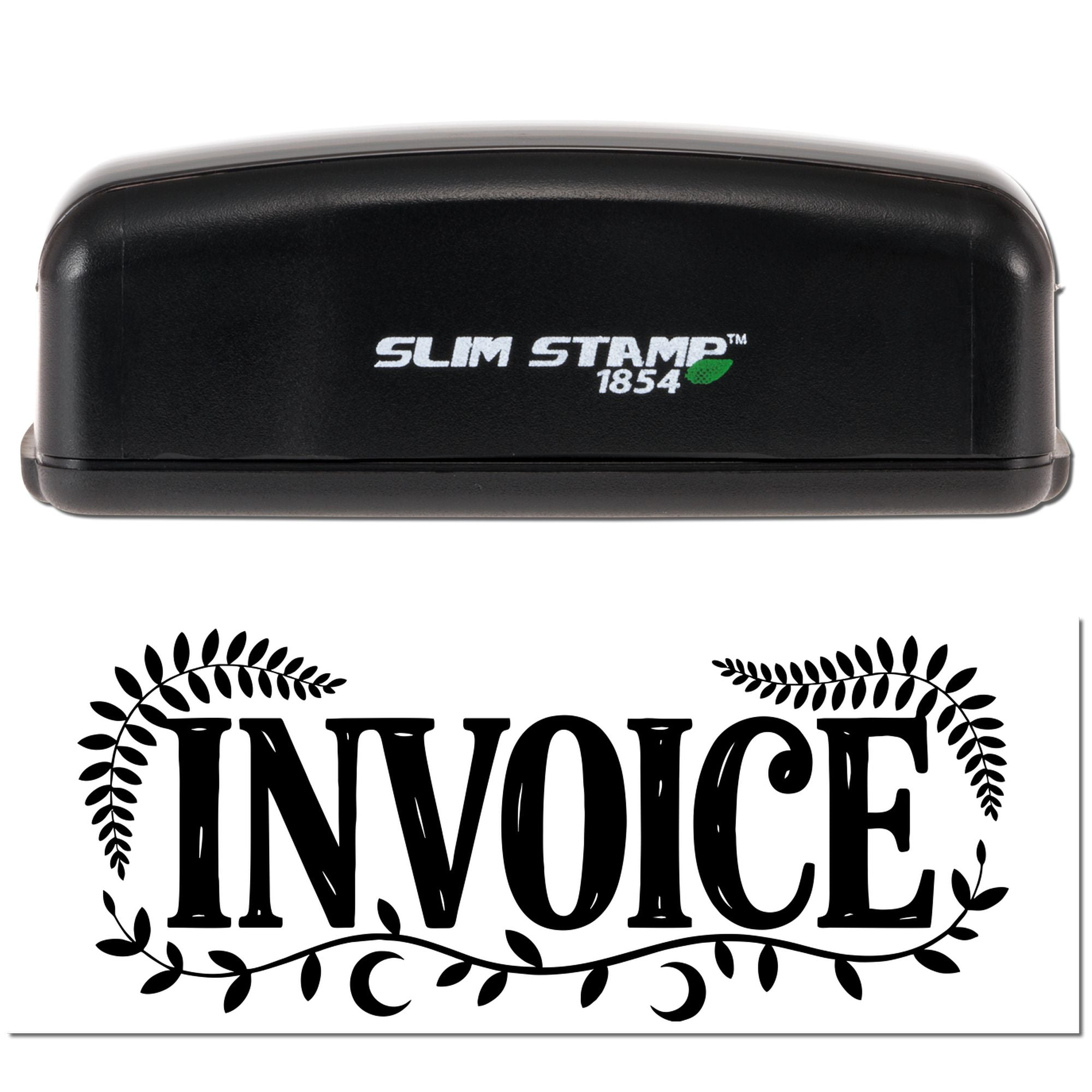 Black Slim Stamp 1854 self-inking stamp and decorative black INVOICE seal on white background.