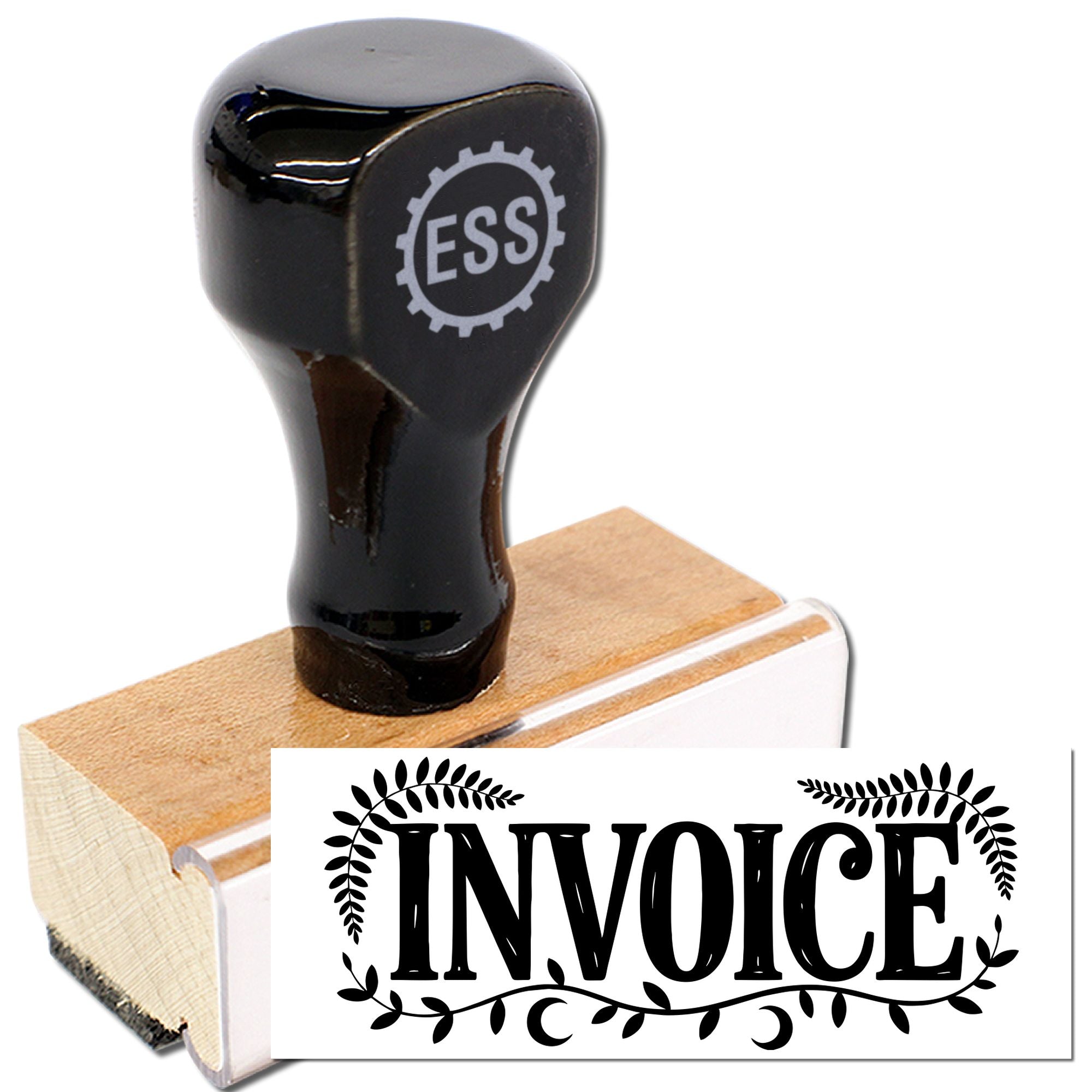 Black custom rubber stamp and seal with ESS logo on a wooden handle, shown with an INVOICE imprint sample.