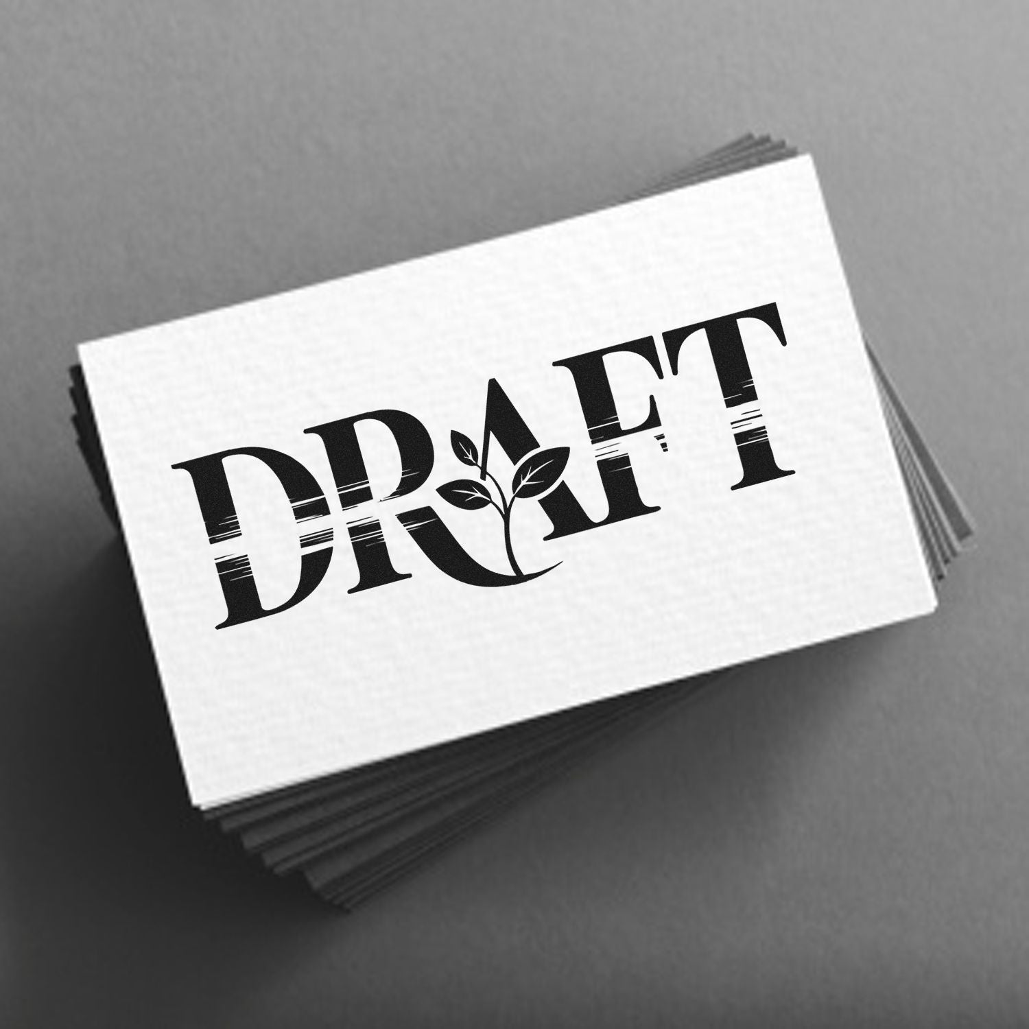 Black DRAFT stamp and seal design with leaf icon on white cards over a gray background.
