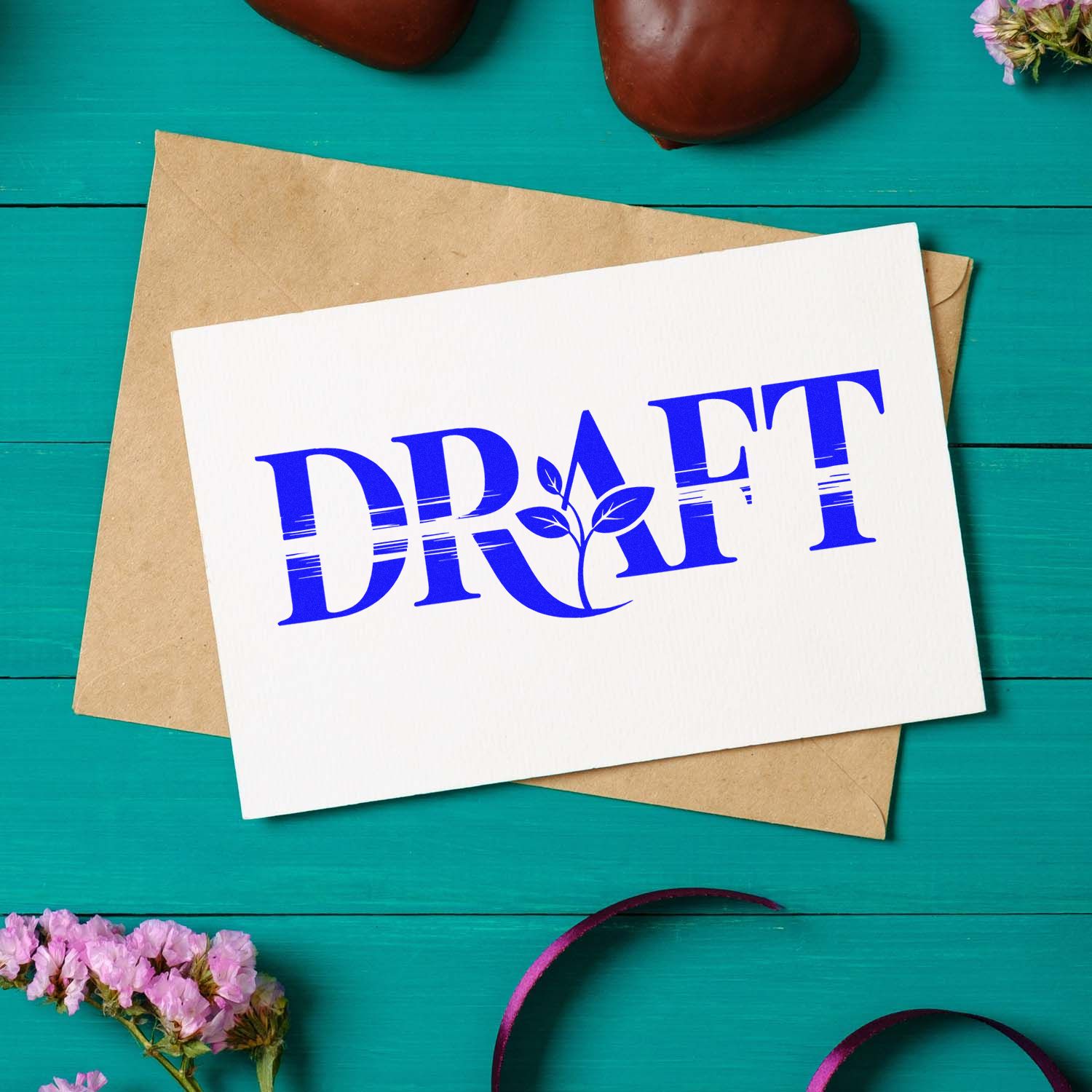 Blue DRAFT stamp seal on white card over kraft envelope, teal background, with pink flowers.