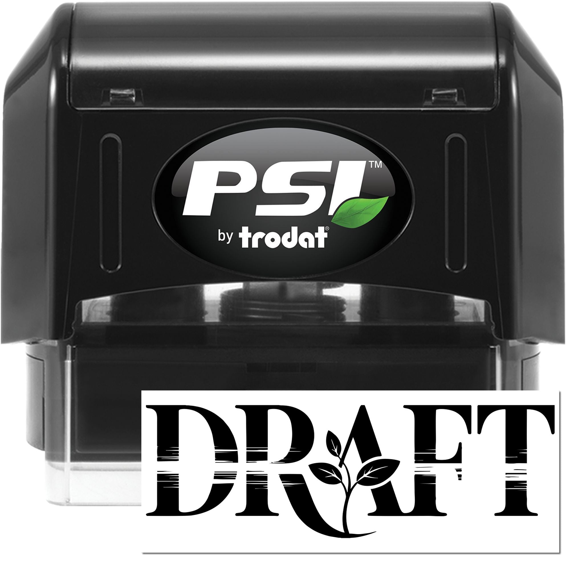 Black PSI by Trodat self-inking stamp and seal with green leaf logo, displaying a white DRAFT imprint.