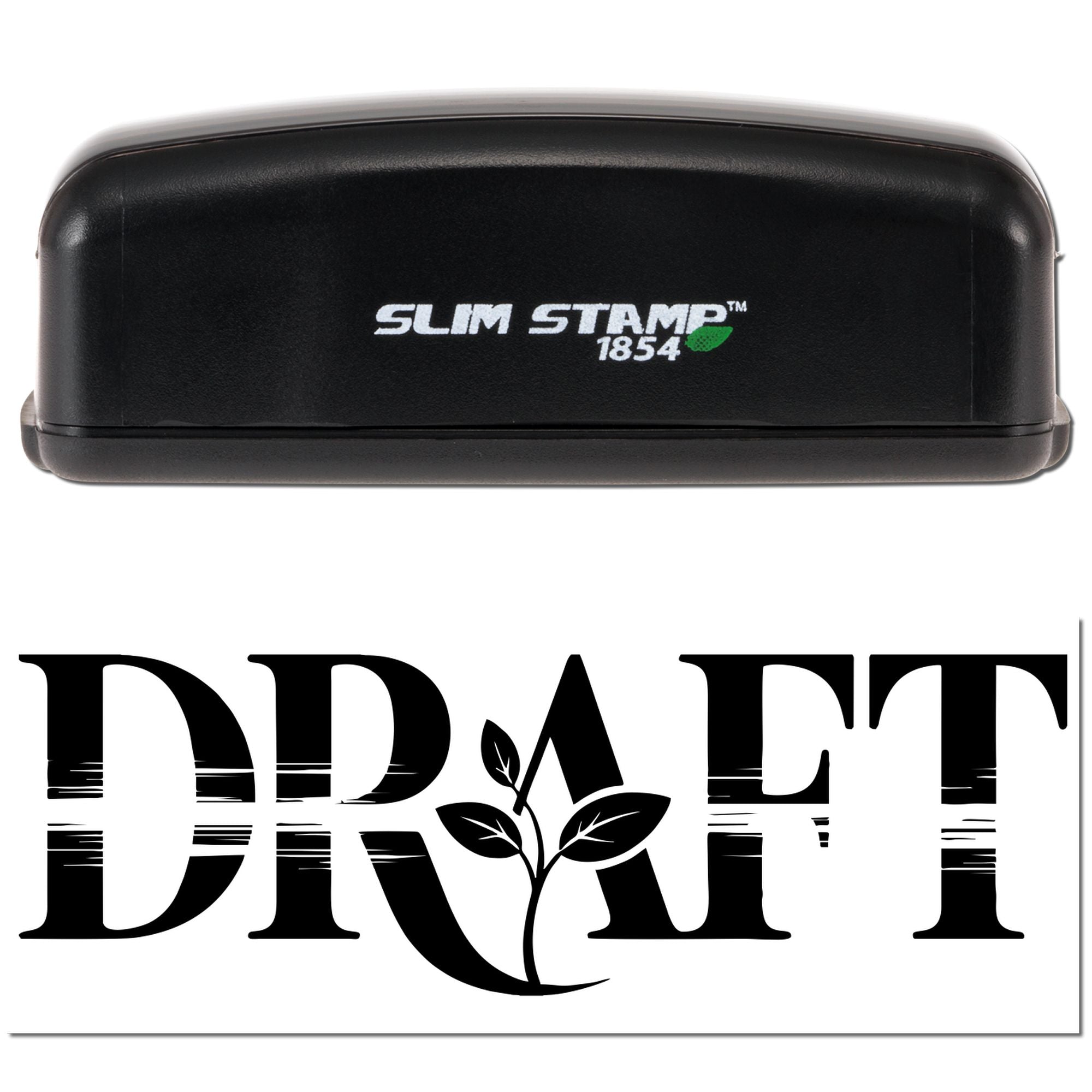 Black Slim Stamp 1854 embosser with green leaf logo and bold black DRAFT seal design on white background.