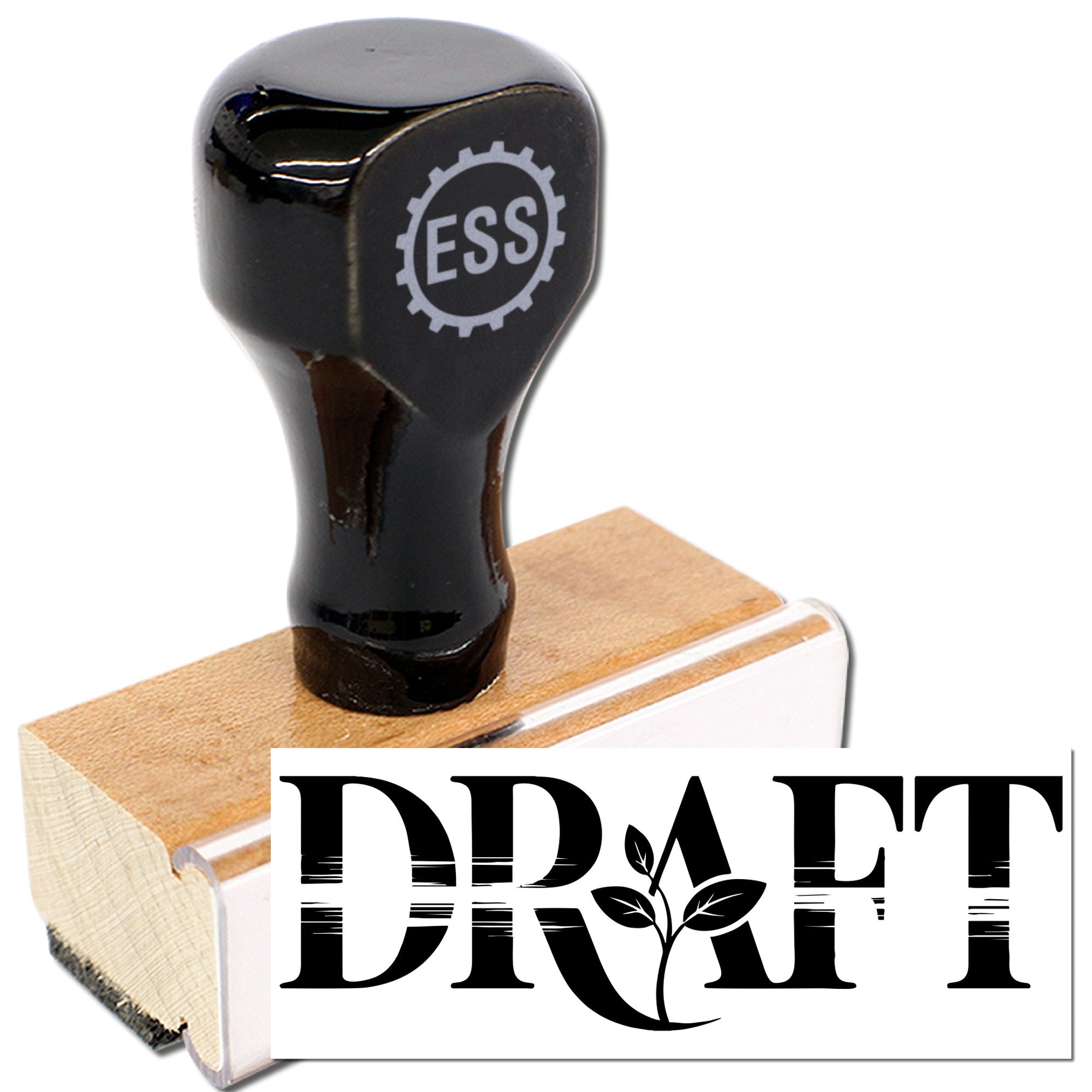 Black custom rubber stamp on wooden block with ESS logo and draft imprint on white background.