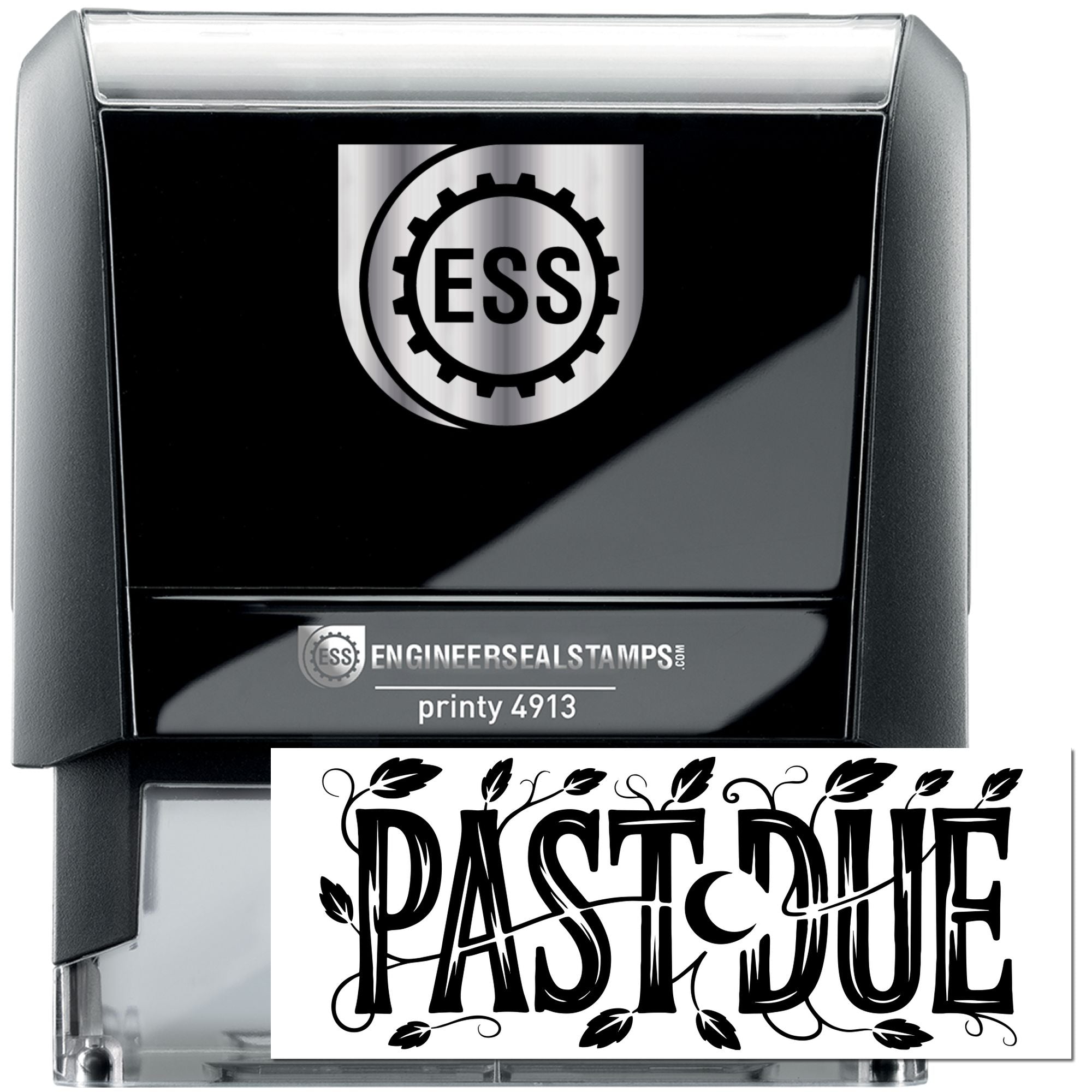 Black and silver self-inking stamp and seal with ESS logo and bold PAST DUE imprint.