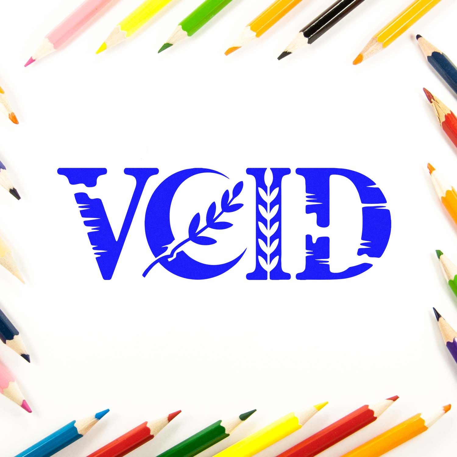 Blue VOID stamp seal with leaf detail, framed by colorful pencil tips on a white background.