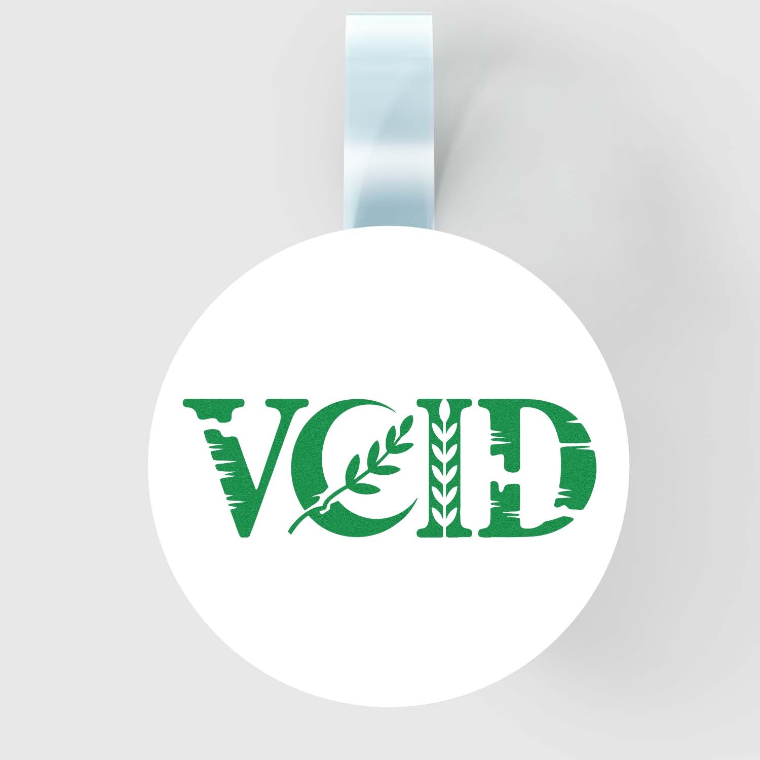 Round white security seal with green VOID lettering and a pale blue pull tab for stamp and seal products.