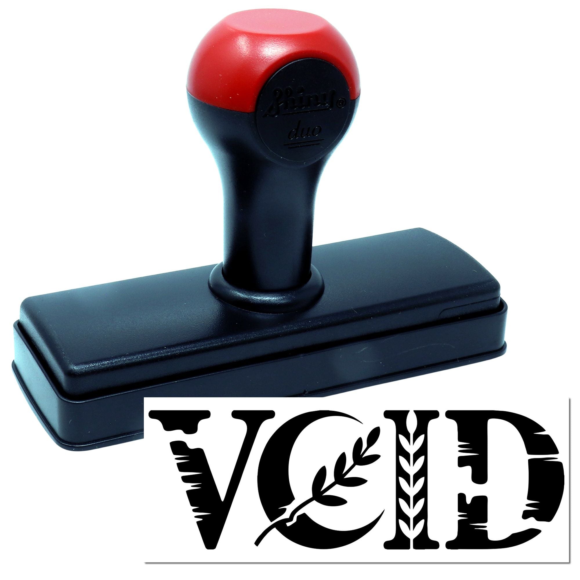 Red and black self-inking stamp with rectangular base, showing a bold black VOID seal imprint.