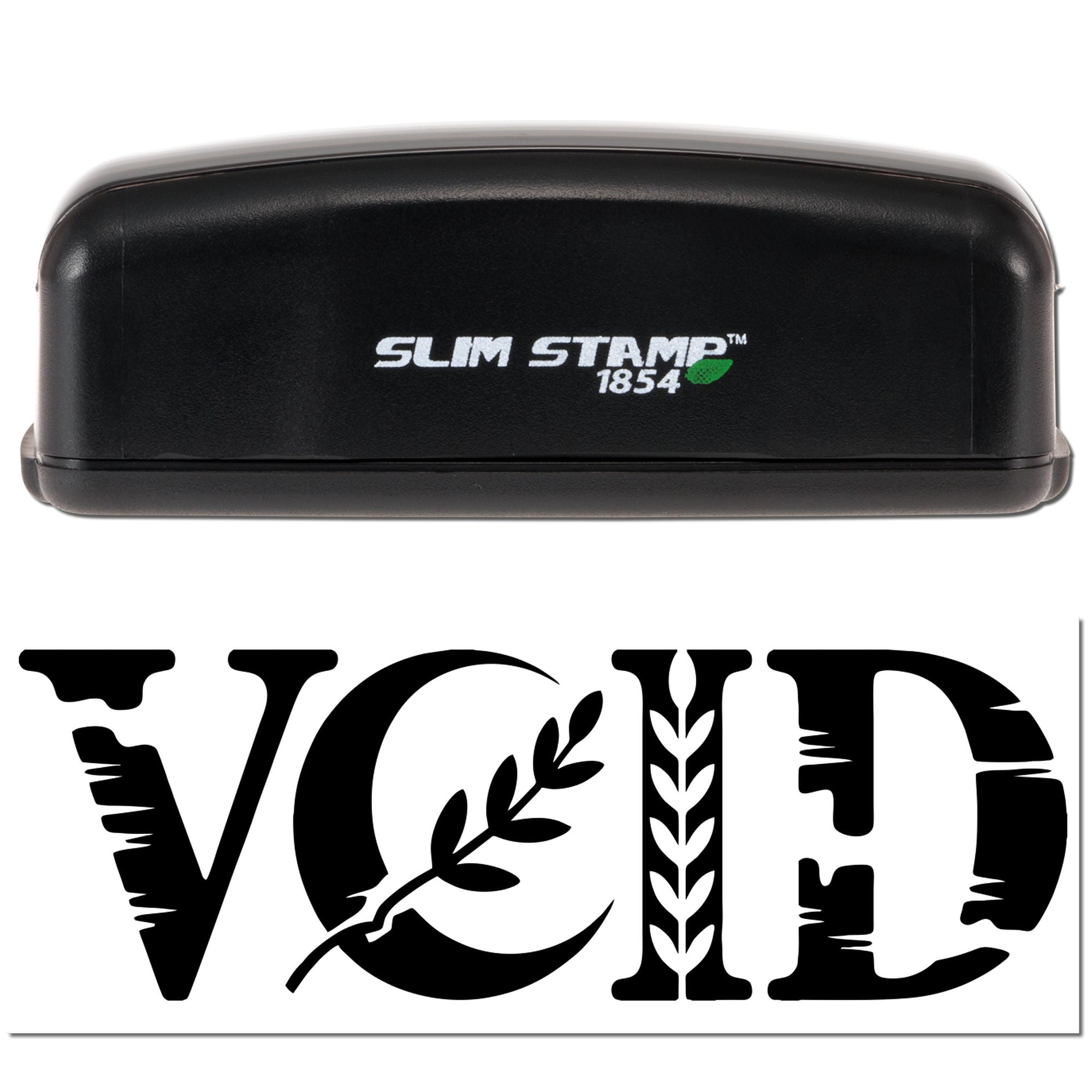 Black Slim Stamp 1854 self-inking stamp and bold VOID seal imprint with decorative leaf details on white background