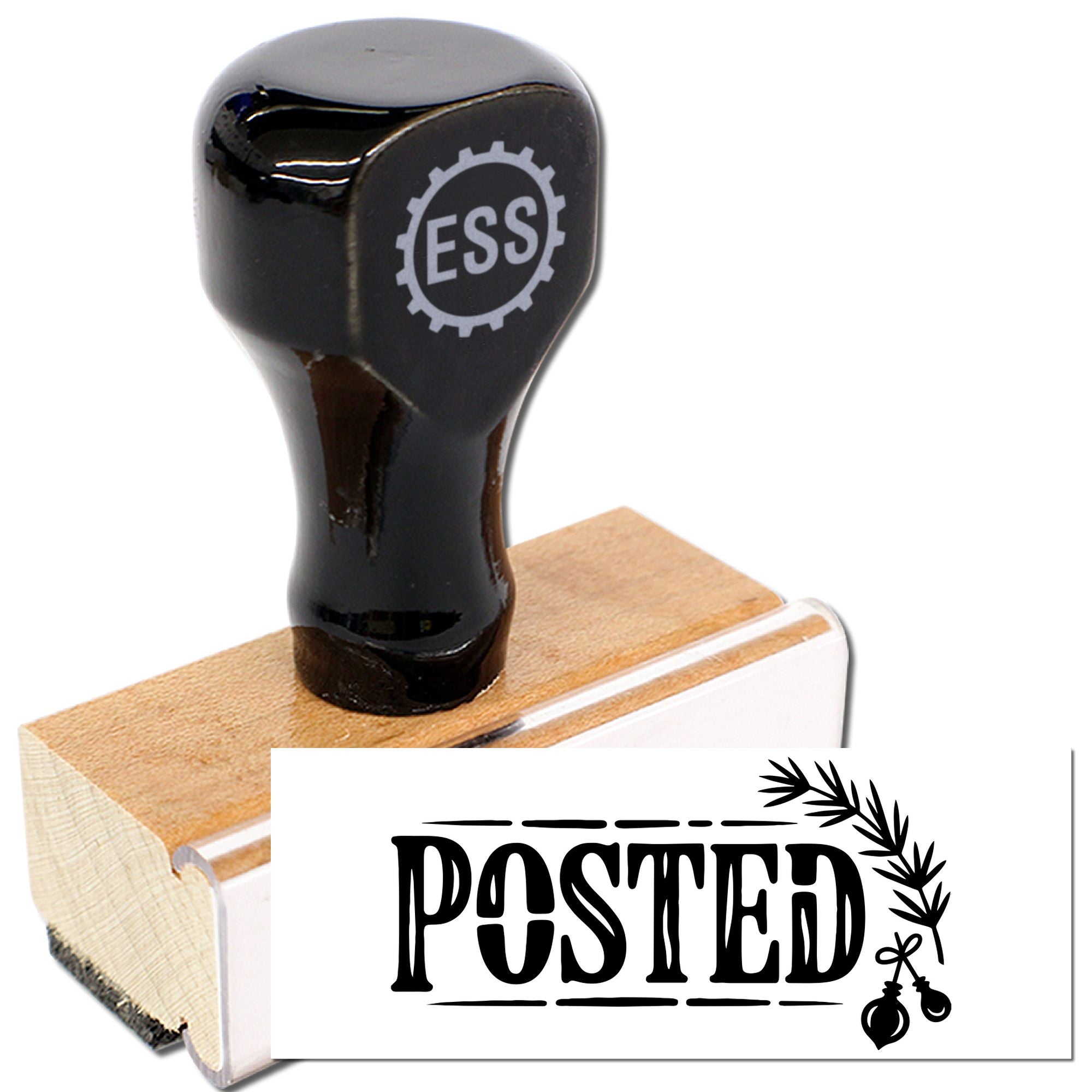 Black rubber stamp seal with ESS logo on wooden base, showing a bold POSTED impression.