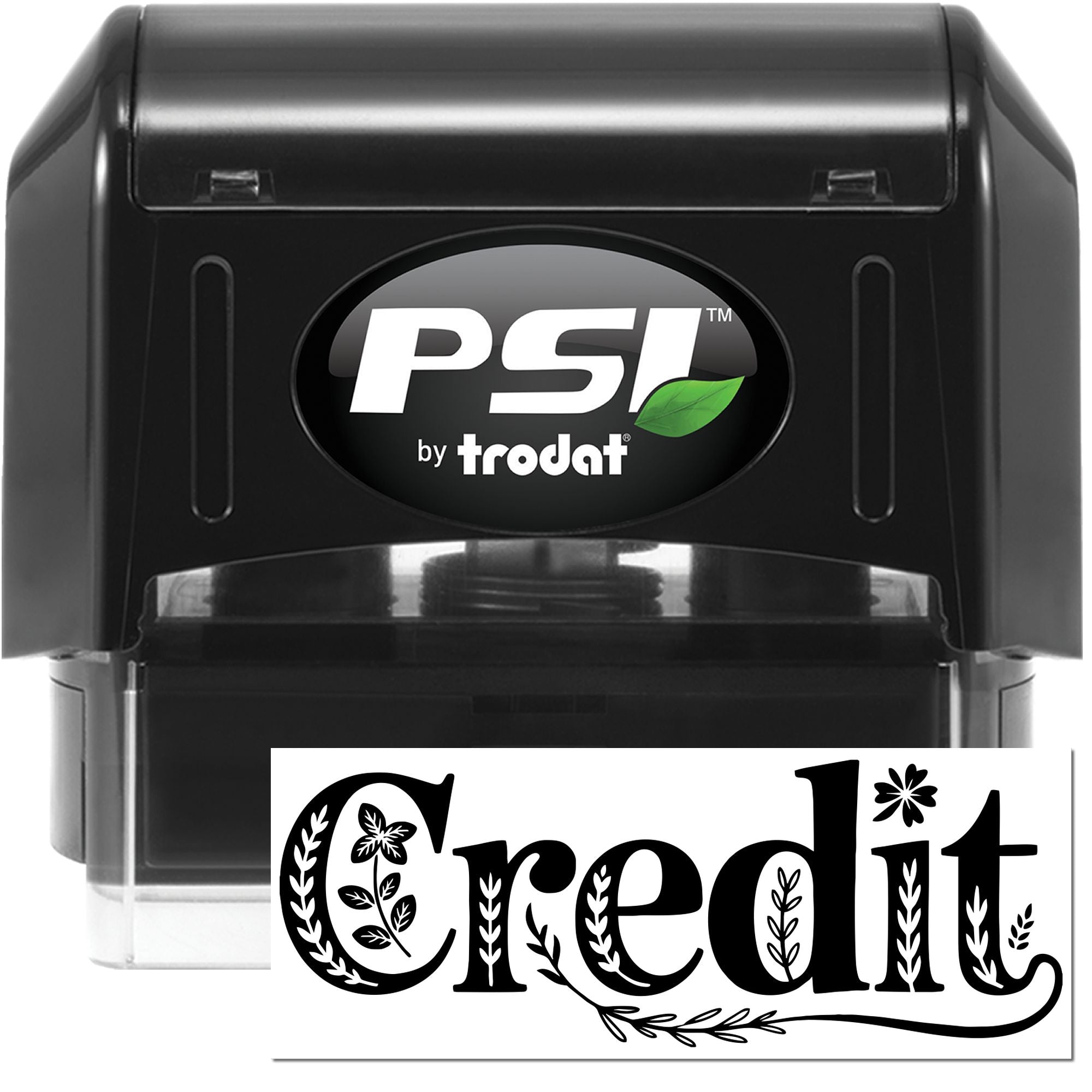 Black PSI by Trodat self-inking stamp with decorative Credit seal insert, white lettering and green leaf accent.
