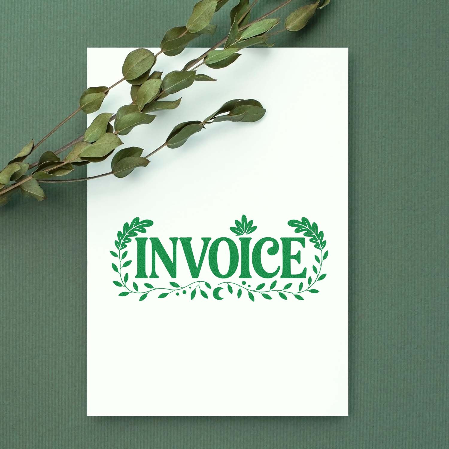 Green leafy INVOICE stamp and seal on white paper with eucalyptus sprig, on a textured sage-green background.
