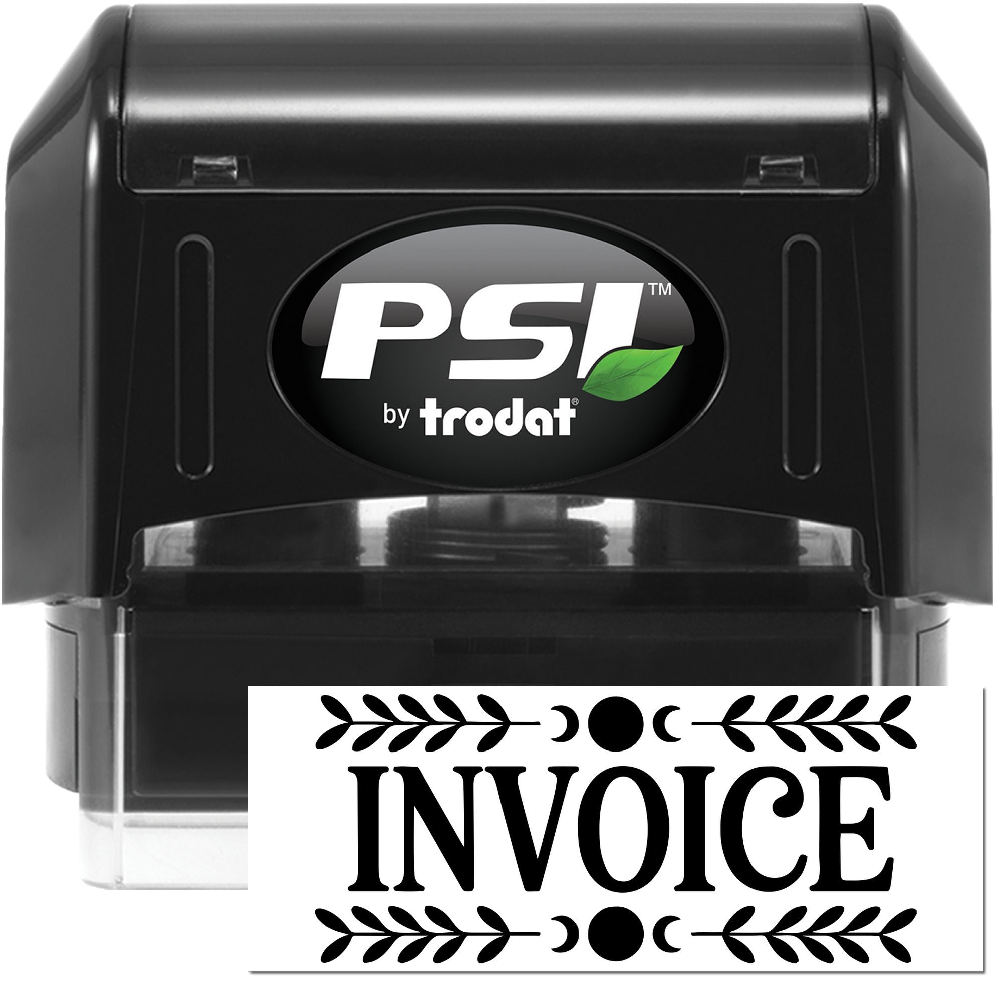 Black PSI by Trodat self-inking stamp with green leaf logo and bold INVOICE seal impression.