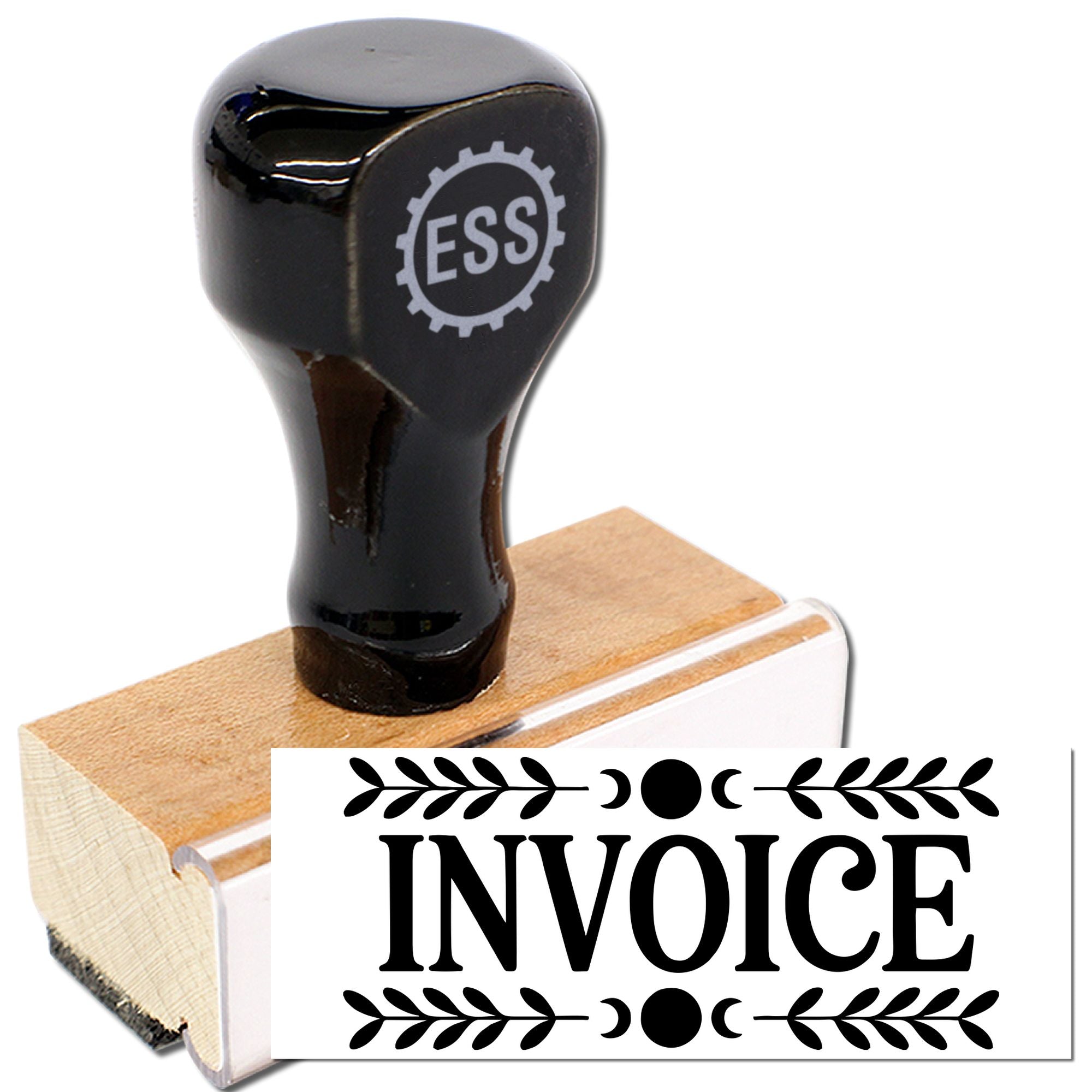 Black self-inking rubber stamp and seal with ESS logo, wooden base, printing bold INVOICE on white paper.