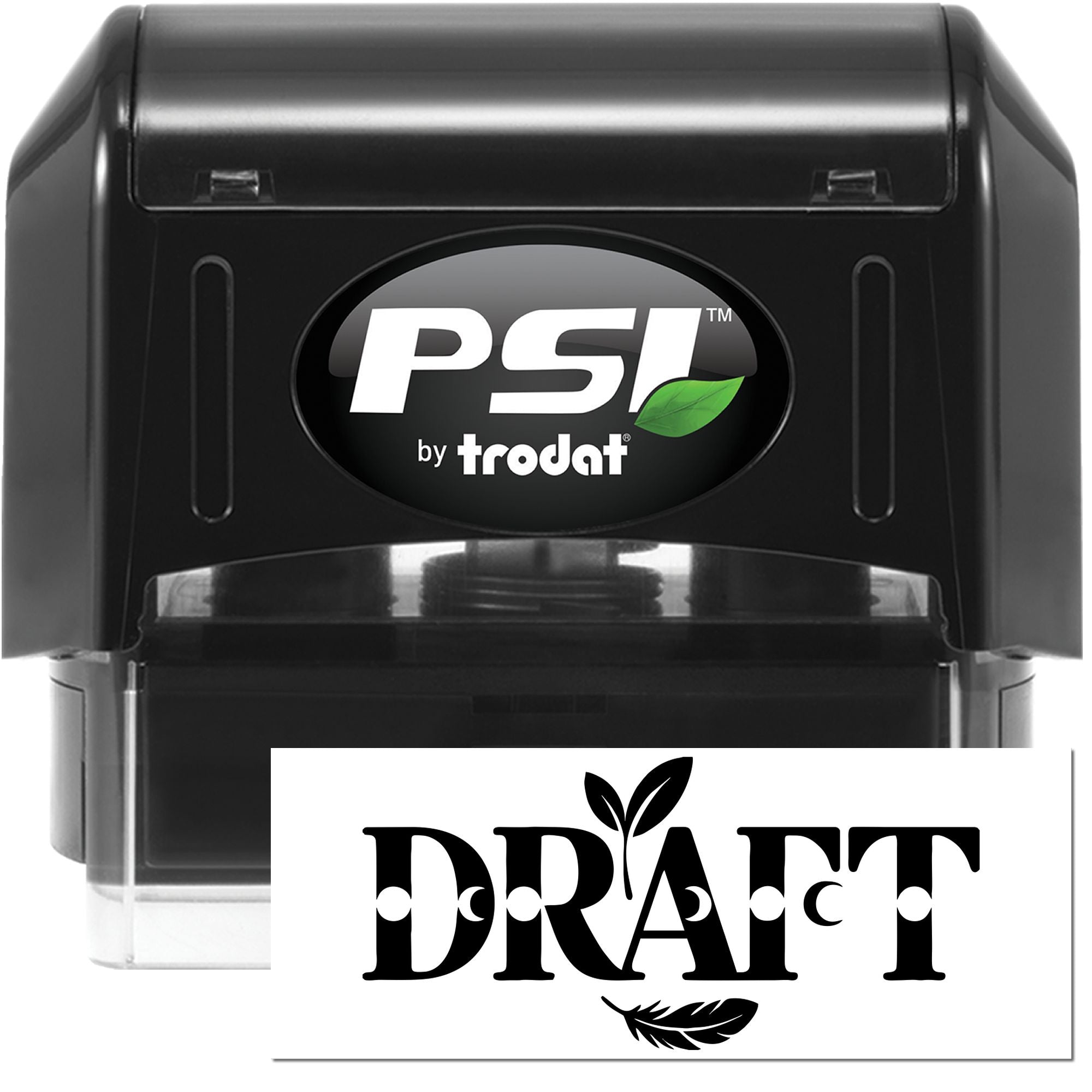 Black PSI by Trodat self-inking stamp and seal set with clear base, white DRAFT mark, and green leaf logo.