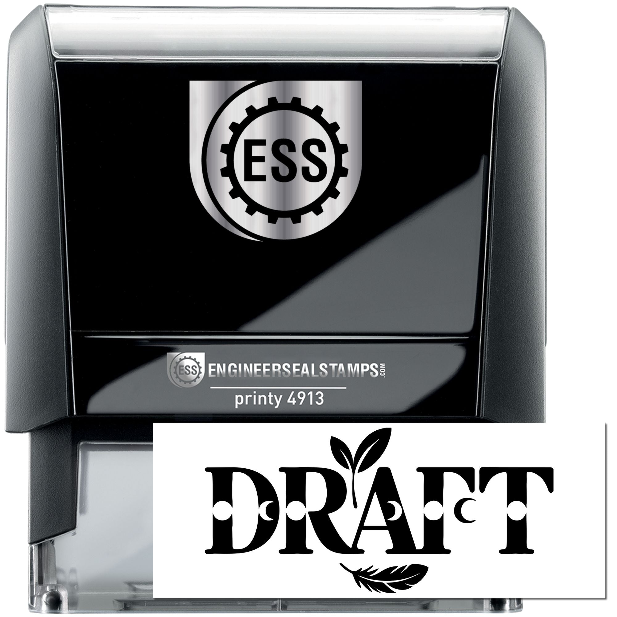Black self-inking engineer seal stamp in black and silver with ESS gear logo and white DRAFT seal insert